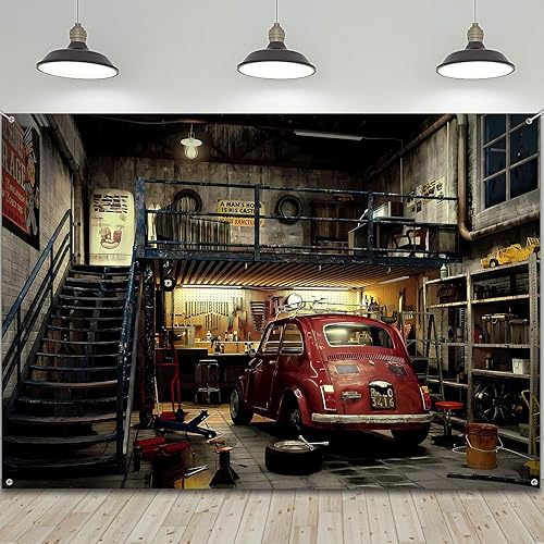 Miniatura 10 de HANYING Telón de fondo de taller de reparación de automóviles de 7 x 5 pies, fondo fotográfico retro de garaje, mecánico clásico para decoración de