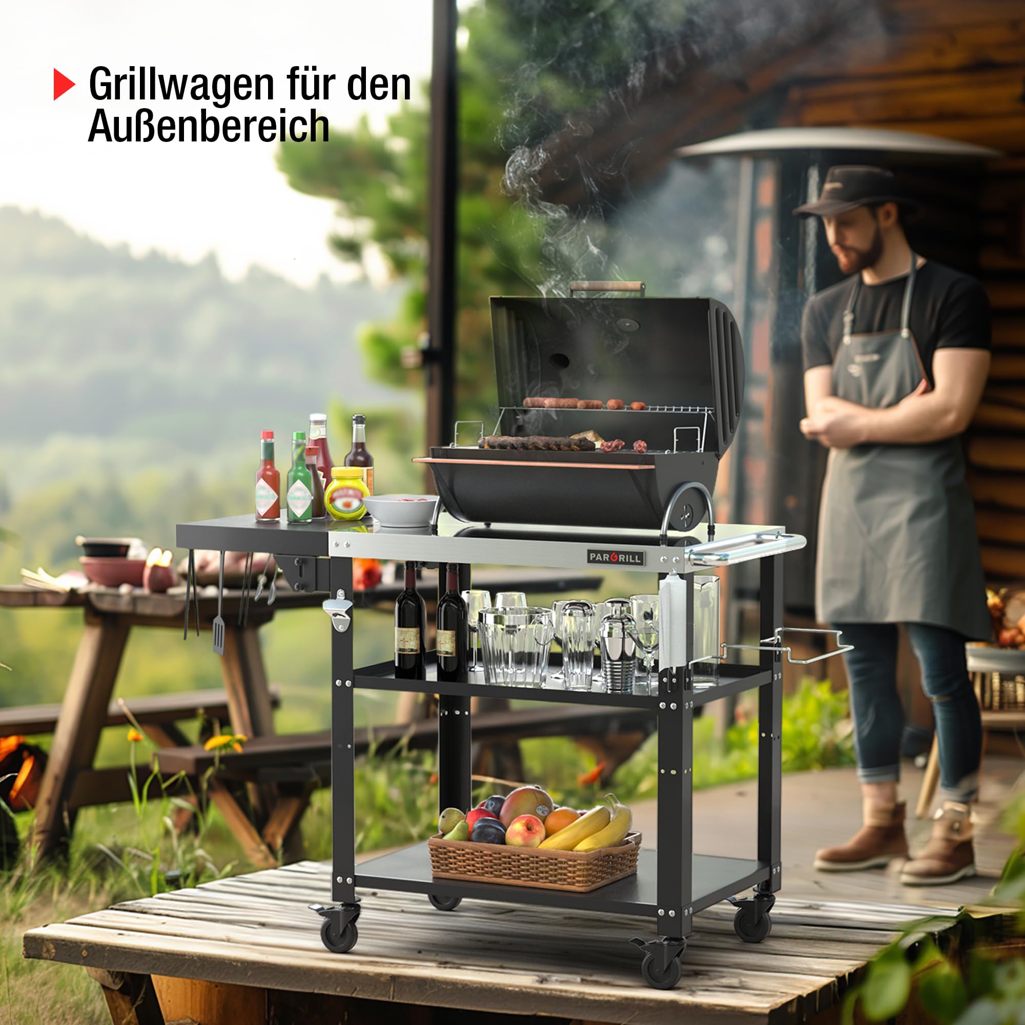 PARGRILL Grillwagen Edelstahl klappbarer Beistelltisch 3 Ebenen 360° Rollen mit Bremse Outdoor Grilltisch BBQ Garten