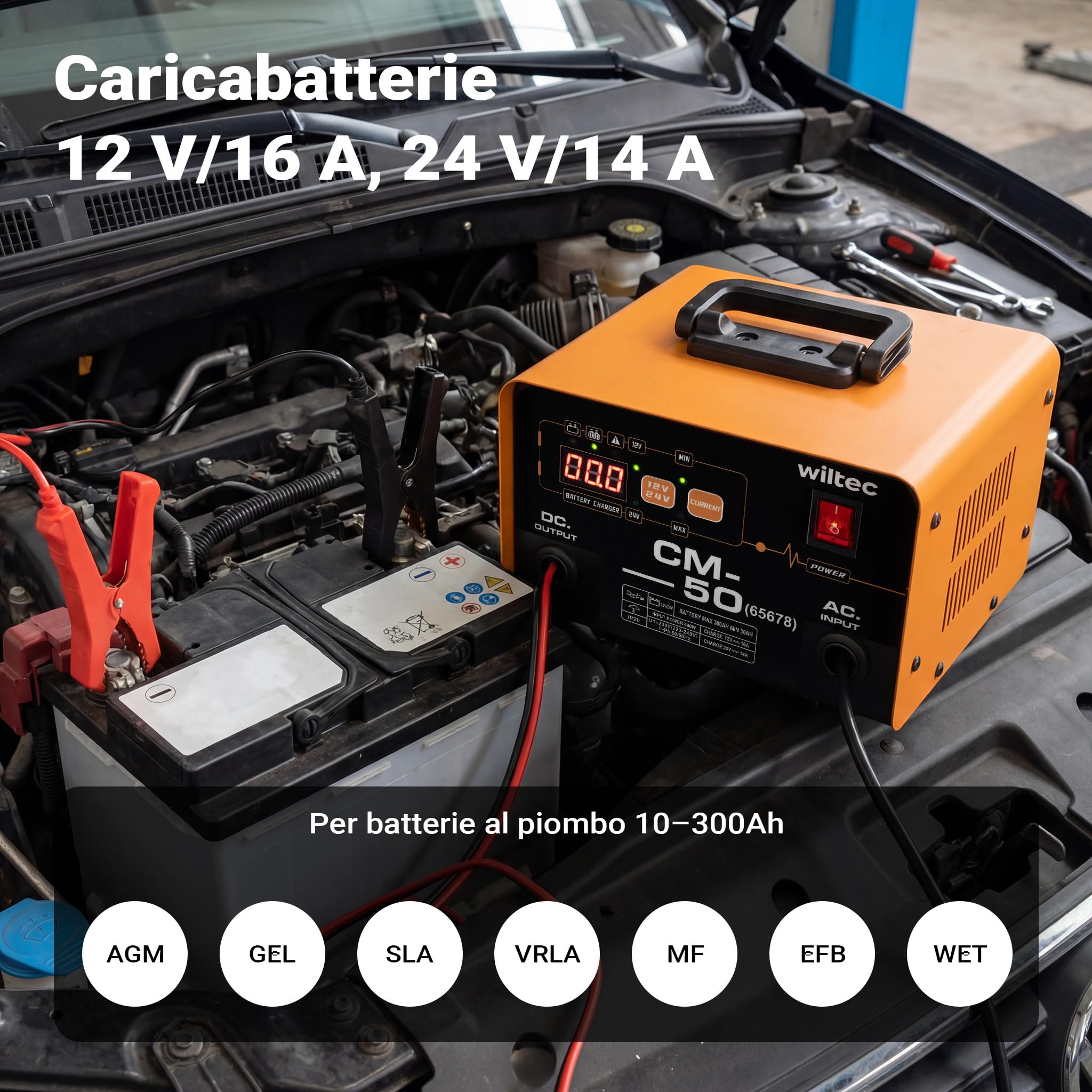 Wiltec Caricabatterie 12-24 V, 16 Ah, 30-300 Ah per batterie auto e moto, avviamento di emergenza 490 W, carica batteria intelligente con display LCD e maniglia per il trasporto