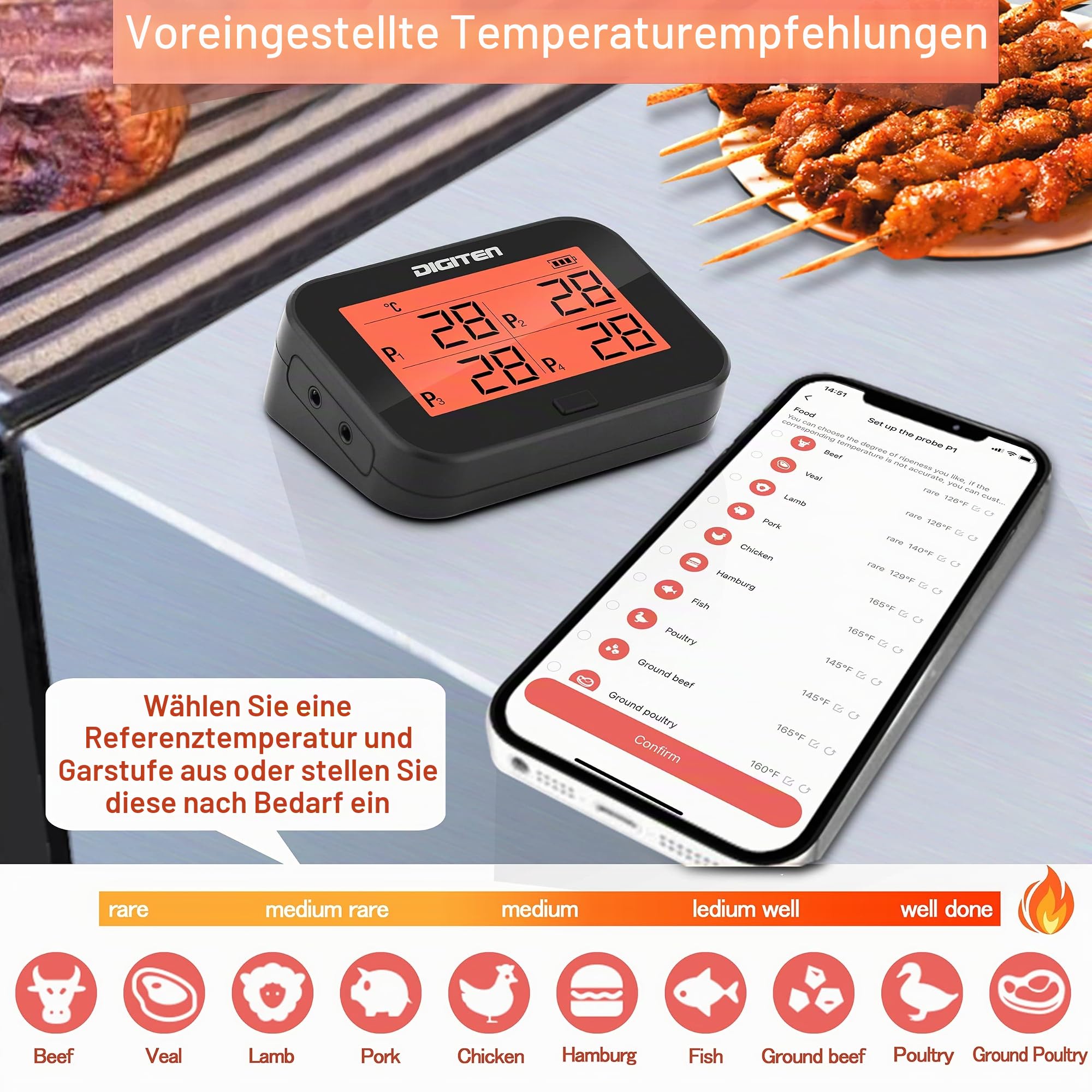 DIGITEN Bluetooth Grillthermometer Kabellos Fleisch- und Lebensmittelthermometer mit 4 Sonden BBQ-Smoker Thermometer Sofort Ablesbar Wiederaufladbar