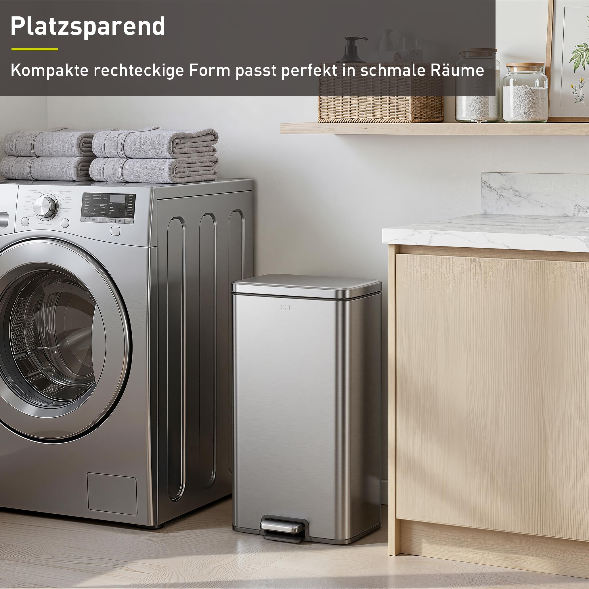EKO Madison Mülleimer Küche 30L, Abfalleimer mit Pedal aus Fingerabdruckfreiem Edelstahl, Soft-Close Deckel & Inneneimer, Rechteckiger Kompakter Tretmülleimer mit Elegantem Robustem Design