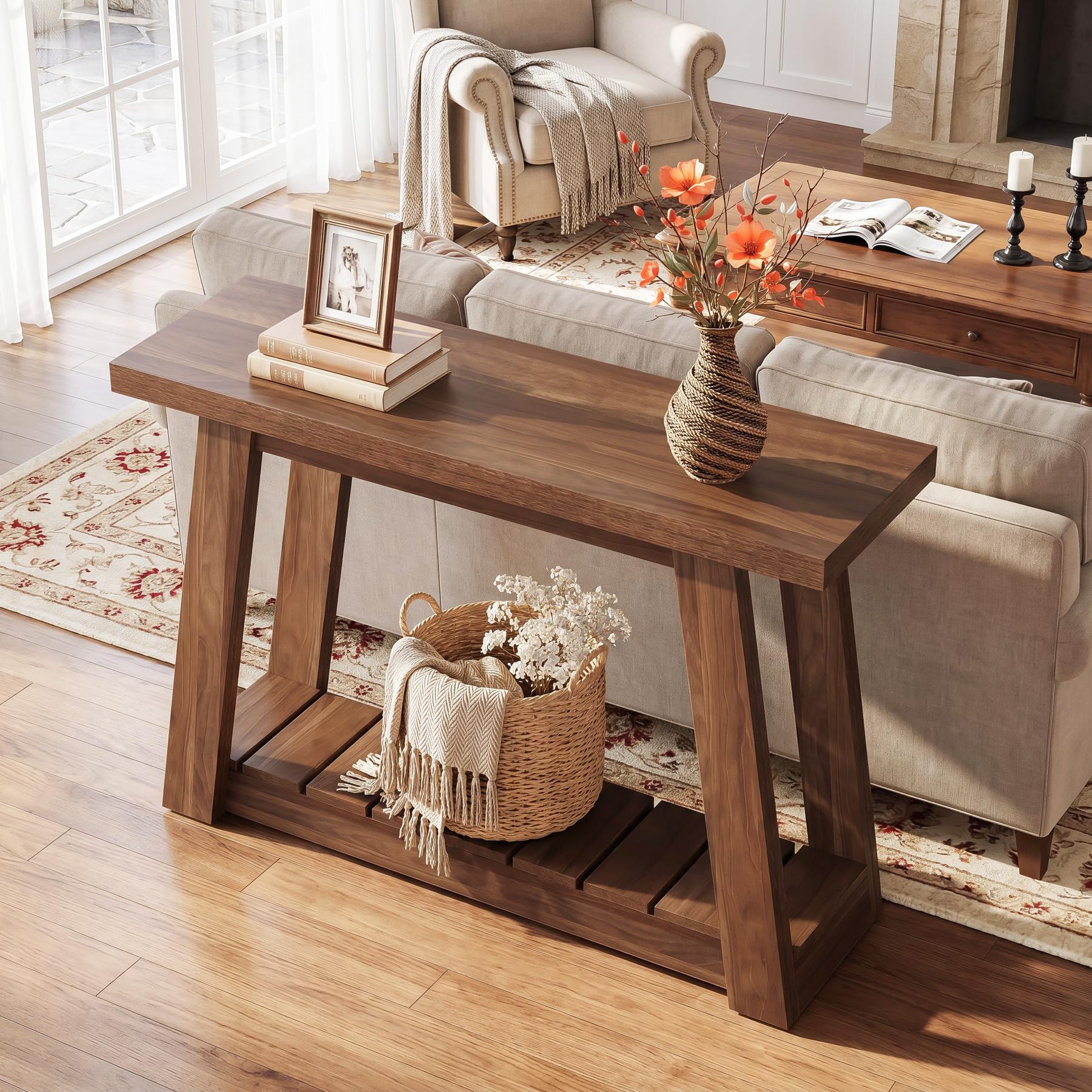 Tribesigns Mesa consola de 105 cm, estrecha mesa de pasillo con 2 estantes, mesa consola rústica de madera, mesa de entrada para pasillo, salón, entrada, mesa de sofá, color marrón
