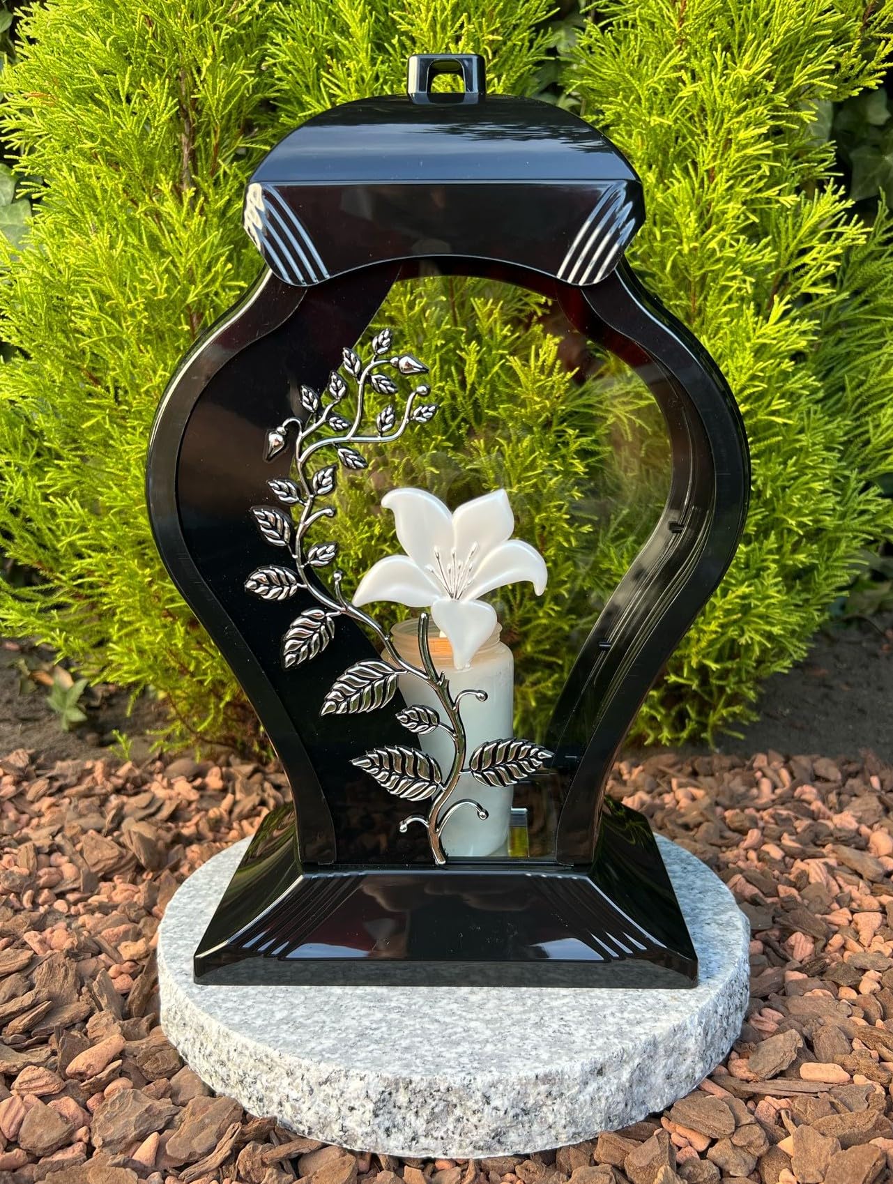 Lampe funéraire AURUM - Lanterne funéraire avec motif de fleurs - 35 cm H. - Bougie pour tombe - Décoration funéraire avec bougie (sans socle)
