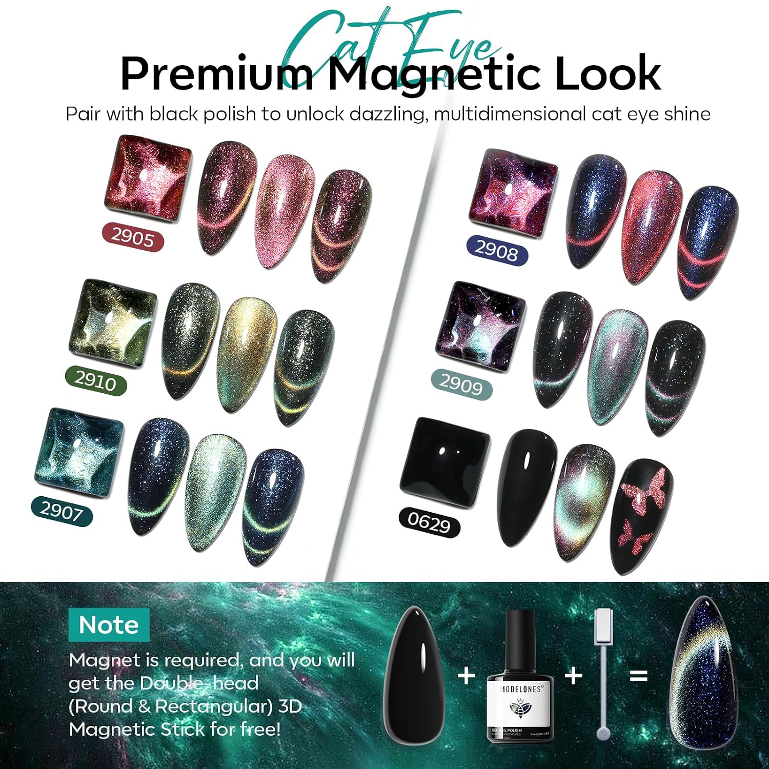 modelones Cat Eye Gel Nail Polish Set, 6 Colors 6 9D Cateye Glitter Magnetic Nail Polish Black Red Green Yellow Colorful Gel Polish with Magnet Soak Off LED DIY Gift