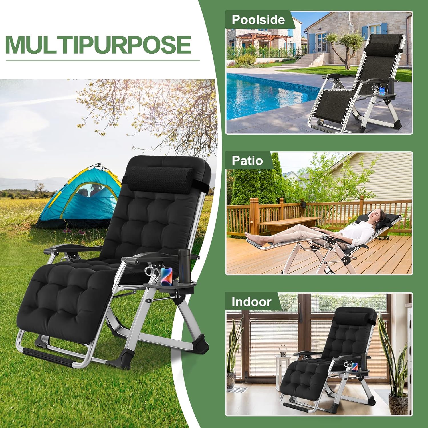 Barbella Zero Gravity Chair Reclining Lounge Chair Patio Chairs, Adjustable Lawn Recliner Folding Lounge Recliners with Removable Cushion, Headrest & Cup Holder, Reclining Chair for Indoor and Outdoor