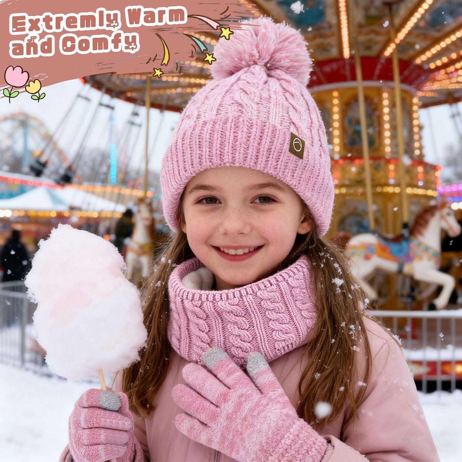 Conjunto Accesorios de Invierno 3 Piezas Niños Set Conjunto de Gorro Bufanda y Guantes Para Niños Gorro Punto Con Forro Cálido Bufanda Guantes Para 3-10 Años