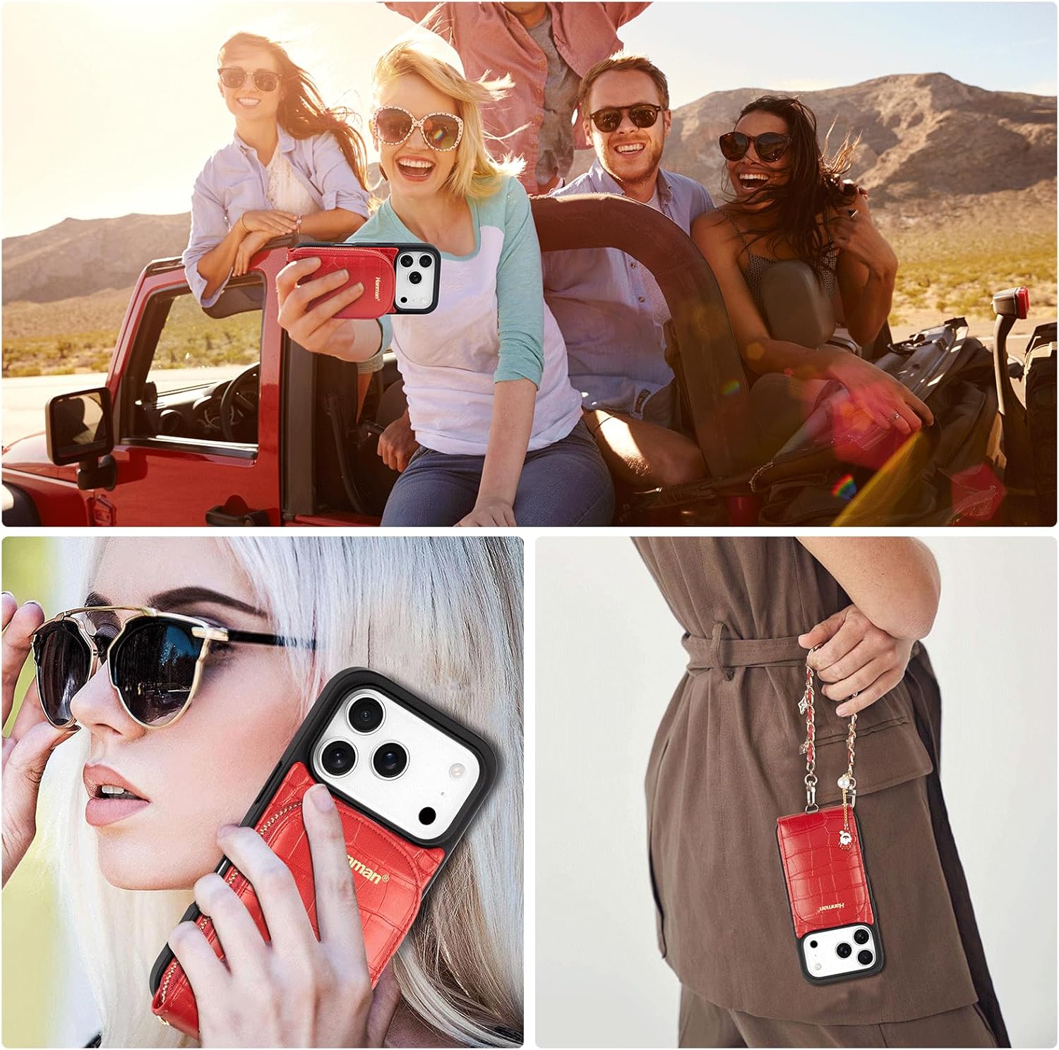 Hanman Magnetic Wallet Case for iPhone 17 Pro,RFID Blocking Leather Zipper Purse Magnetic Case with Chain Patche for iPhone 17 Pro,2 in 1 Detachable Magnetic Wallet Cover-Red