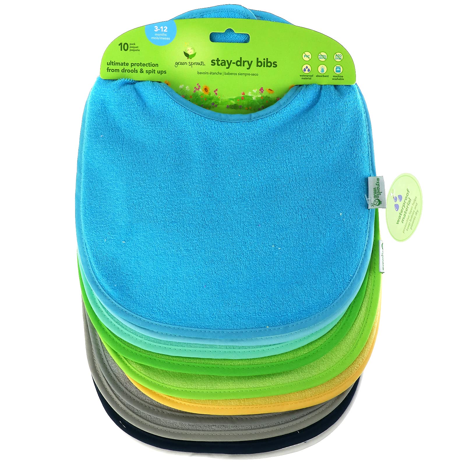 Green Sprouts Baby Stay Dry Infant Bibs (10Pk) Aqua Set, Pack Of 1, 3/12 Month
