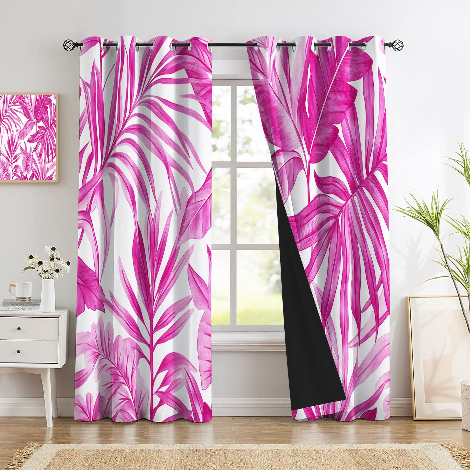 95% Rideaux Stampa a base vegetale Foglie di palma e foglie di banano, Isolation Thermiques, Tissu Doux et Infroissable,pour Chambre Salon Cuisine, Rosa 117 X 137 cm Lot de 2
