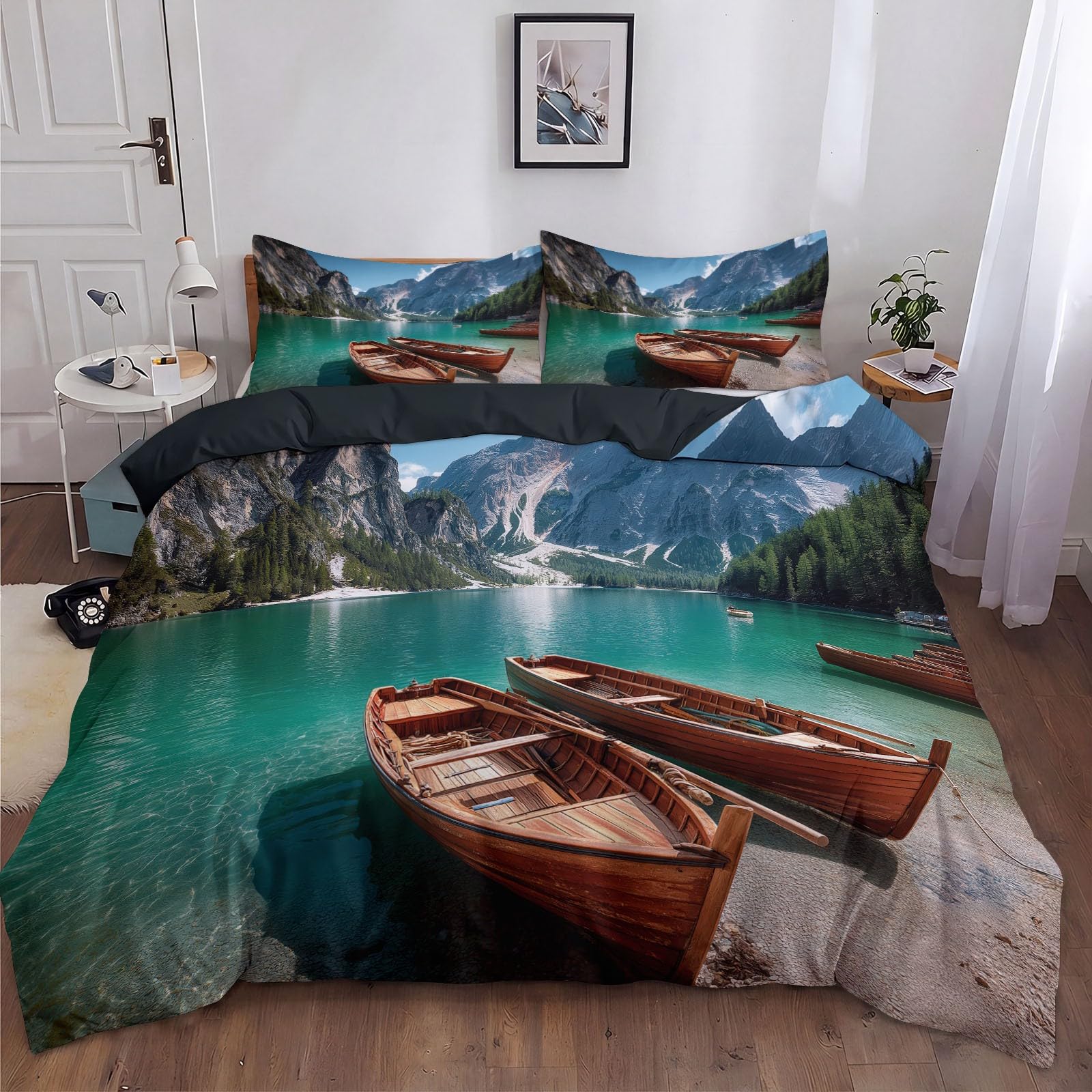 Generisch Bergsee Pościel z drewna 200 x 200 cm, poszewka na poduszkę, czarna, realistyczny krajobraz naturalny, zestaw pościeli z mikrofibry, oddychająca, z zamkiem błyskawicznym i poszewką na