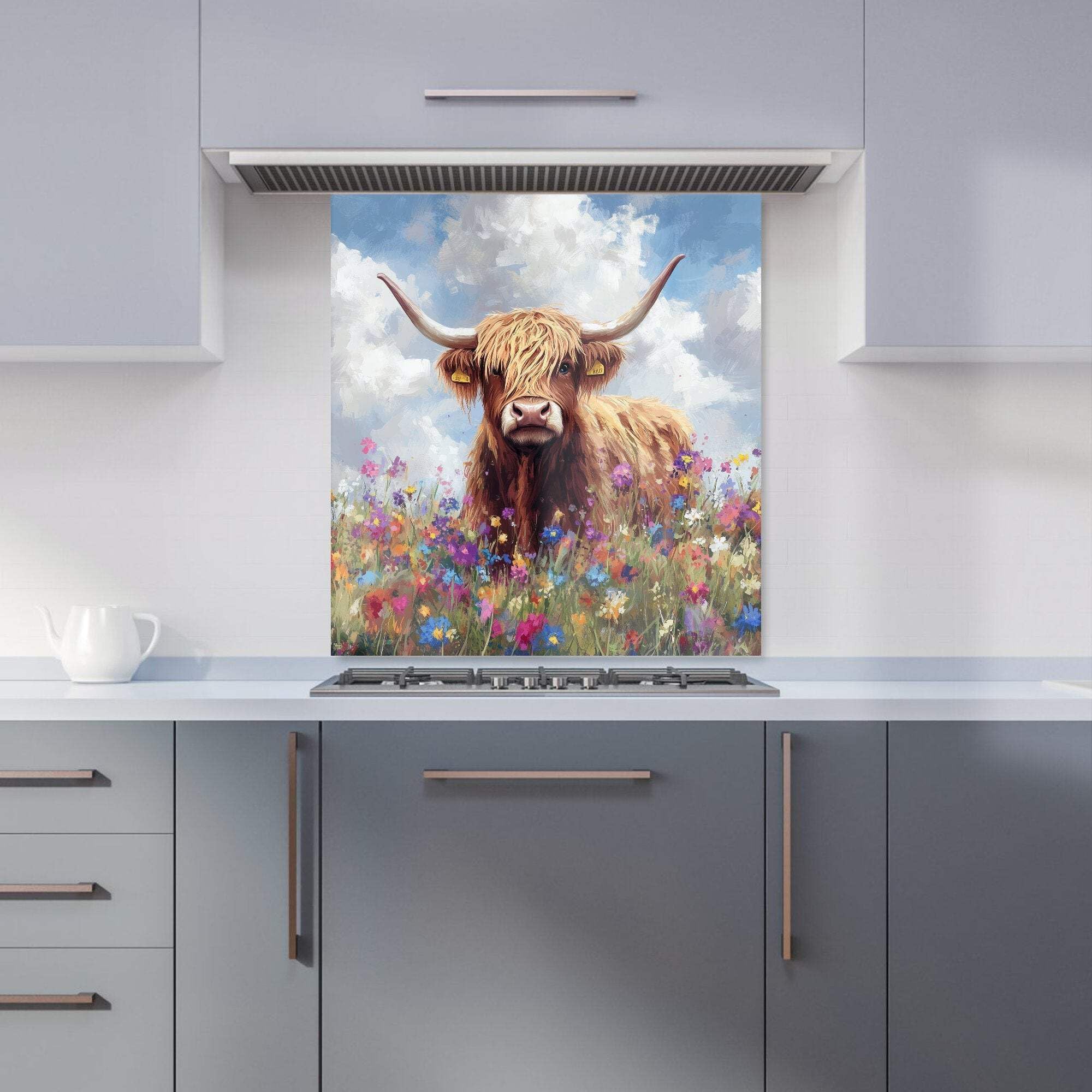 Warren Reed Designer Highland Cow In A Summer Meadow Kitchen Splashback from B&Q