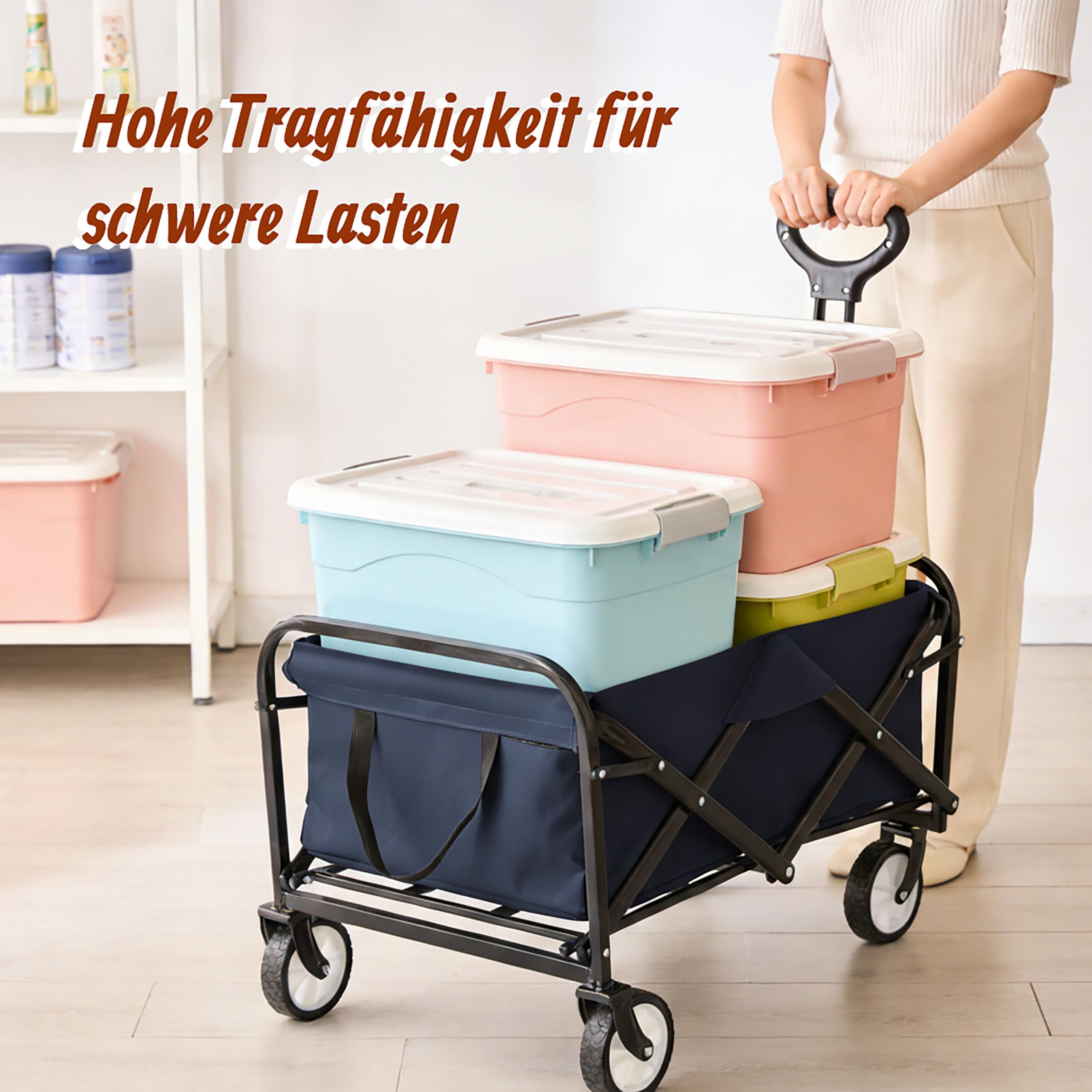 Relaxdays Bollerwagen, faltbar, 100 kg, Teleskopgriff, Oxford-Gewebe, Transportwagen für Einkauf, Camping & Strand, blau
