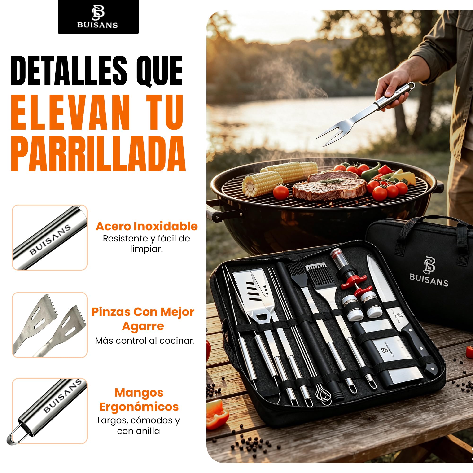 Buisans - Kit da barbecue, 15 pezzi, con custodia, utensili da barbecue in