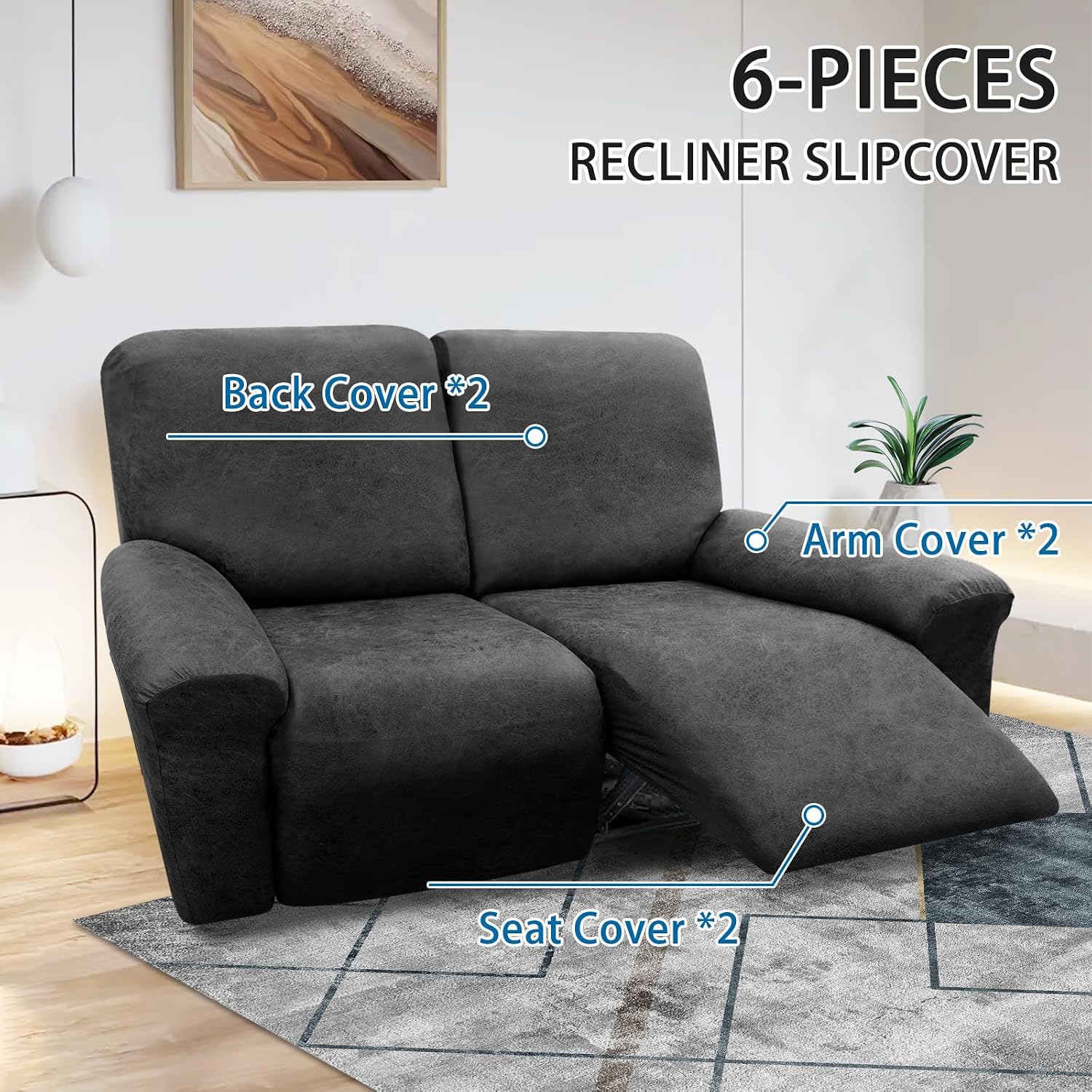 Loveseat Recliner Slipcover with Pocket 6-Piece Stretch Recliner Covers 2-Seater Leather Look Reclining Couch Cover Spandex Fabric Loveseat Cover Pet Friendly(Recliner Loveseat, Dark Grey)