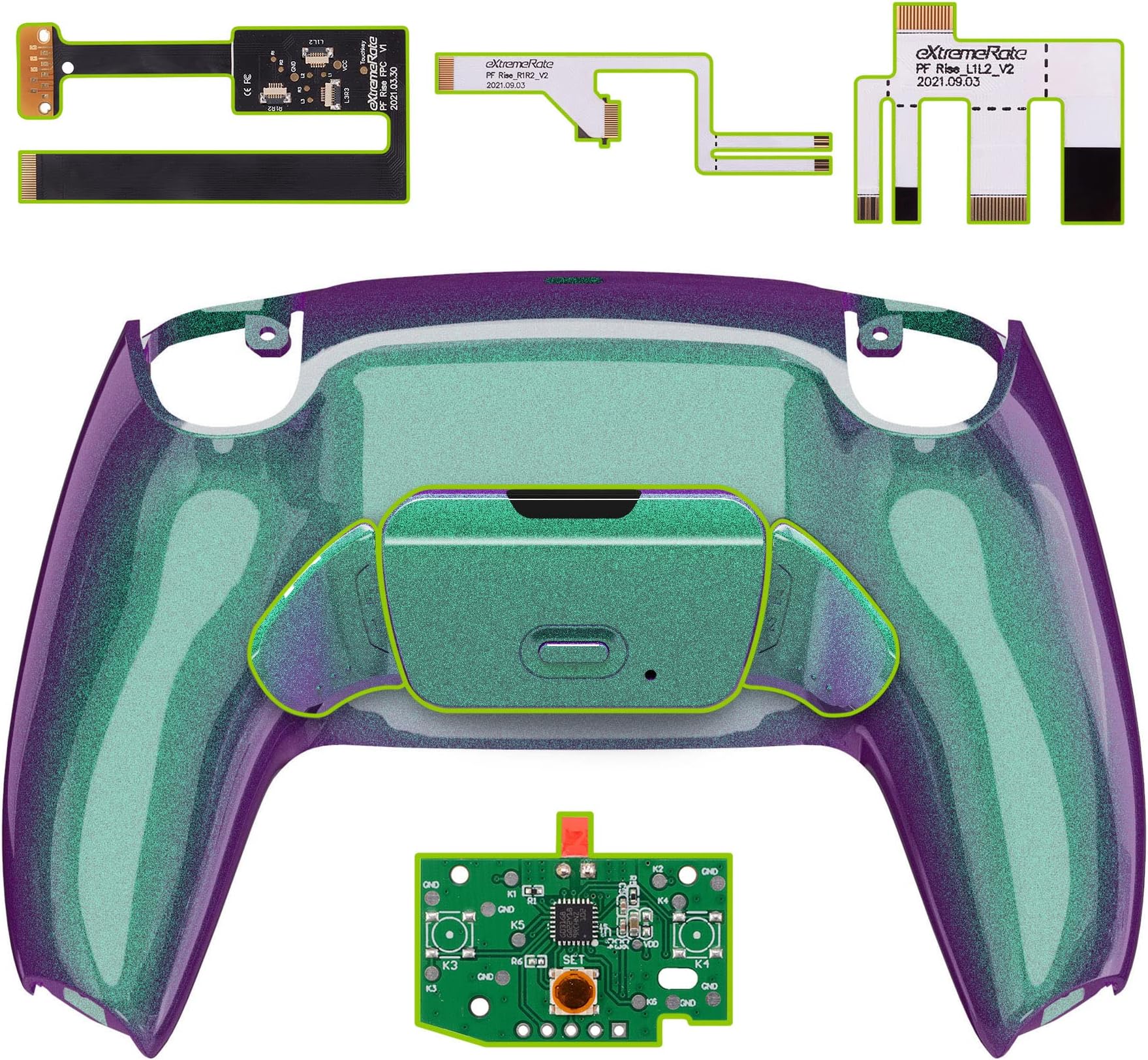 eXtremeRate Chameleon Green Purple Programable Rise 2.0 Remap Kit for PS5 Controller BDM-010 020, Upgrade Board & Redesigned Back Shell & Back Button Attachment for PS5 Controller - Without Controller