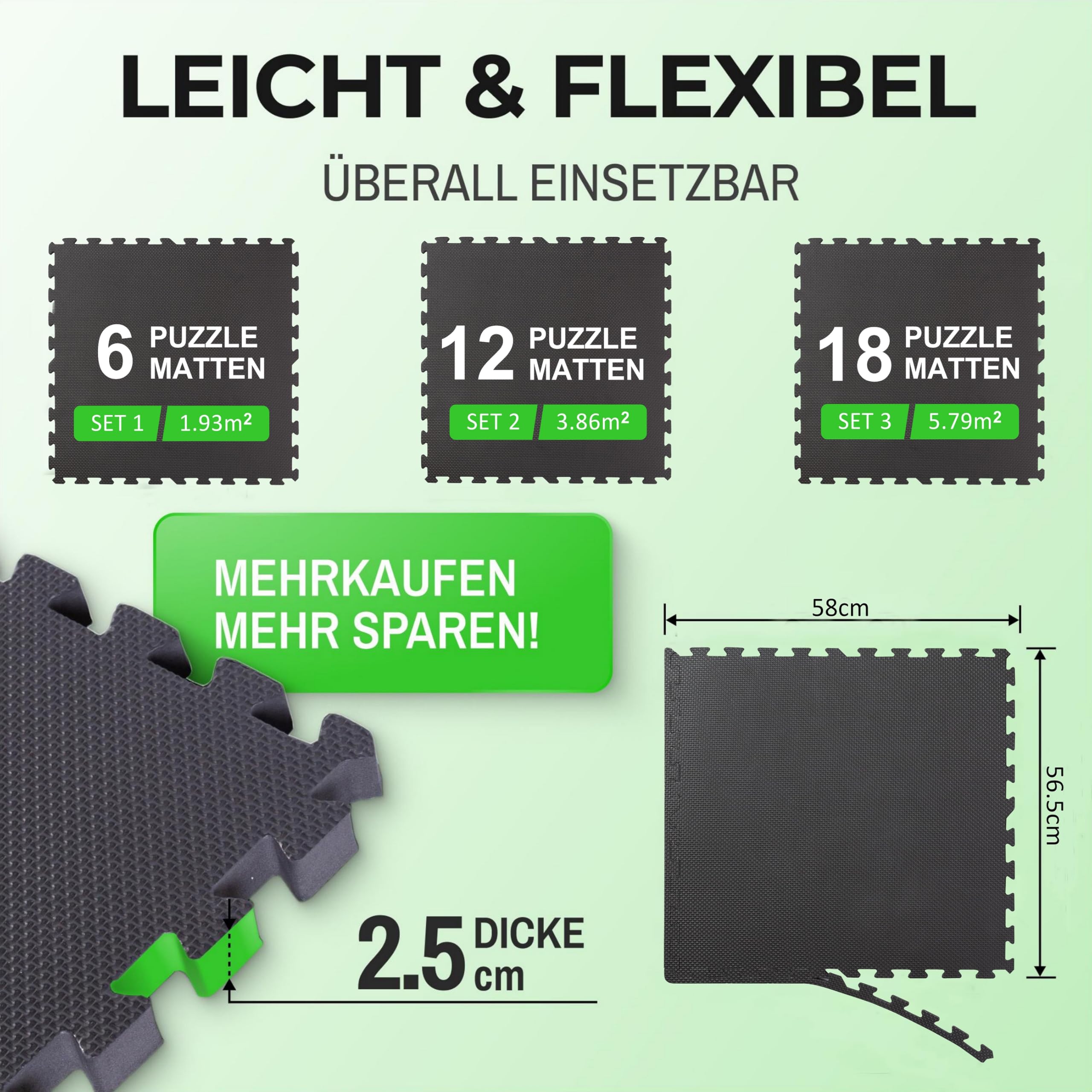 Bodenschutzmatte Sportmatte Puzzlematte Fitnessmatte rutschfest Bodenschutz Pool Unterlegmatte | 58x58x2.5 cm | schwarz,blau und grau | 6, 12,18 Teile