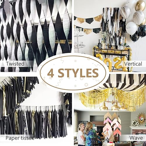 Miniatura 6 de PartyWoo Serpentinas de papel crepé, 6 rollos de 492 pies, paquete de papel crepé en color negro y dorado, serpentinas negras y doradas, papel crepé