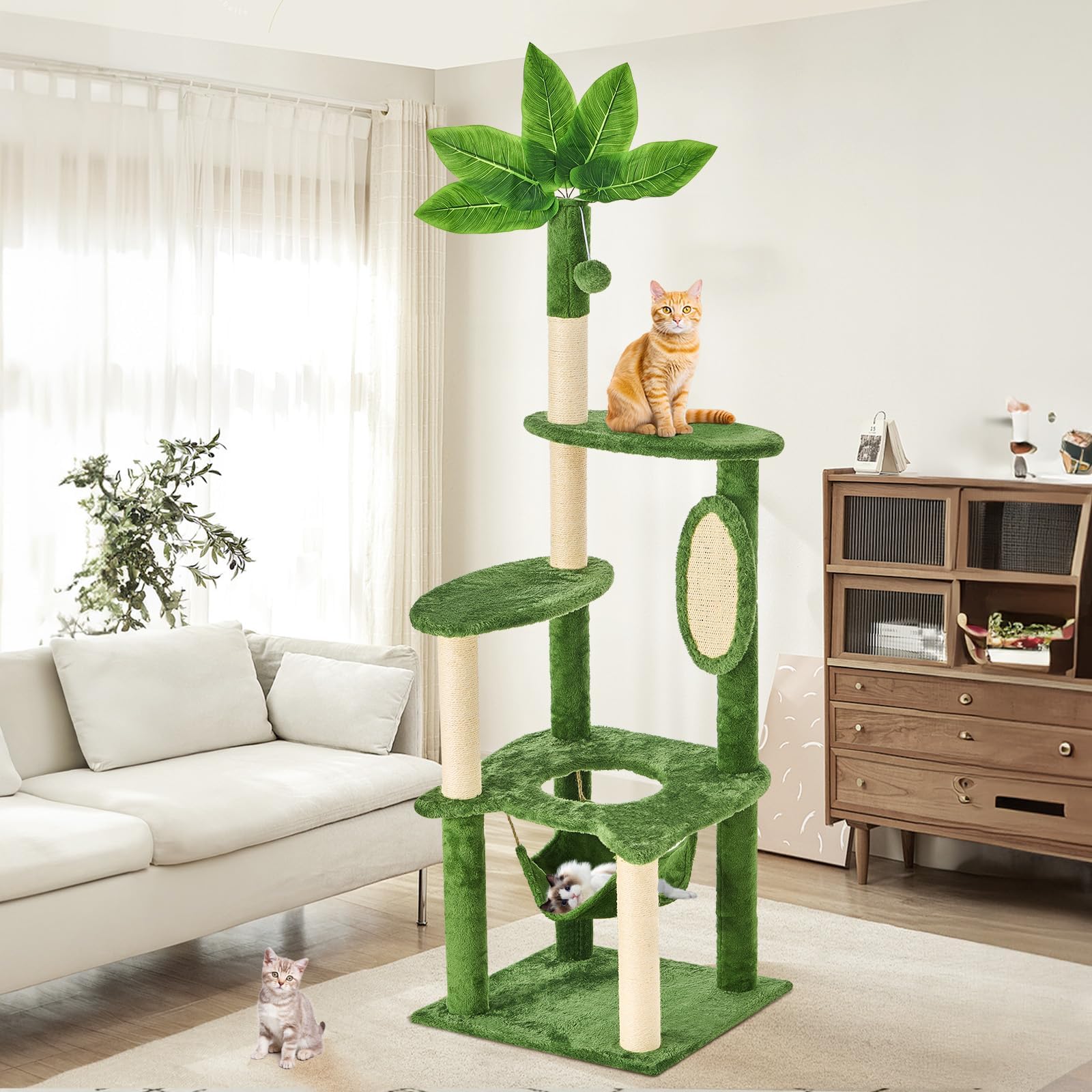 61" Large Cat Tree Tower for Indoor Cats with DIY Green Leaves Scratching Post Multi Soft Hang Ball Plush Cat House Furniture 360° Rotating Cat Scratch Board with Hammock, Green