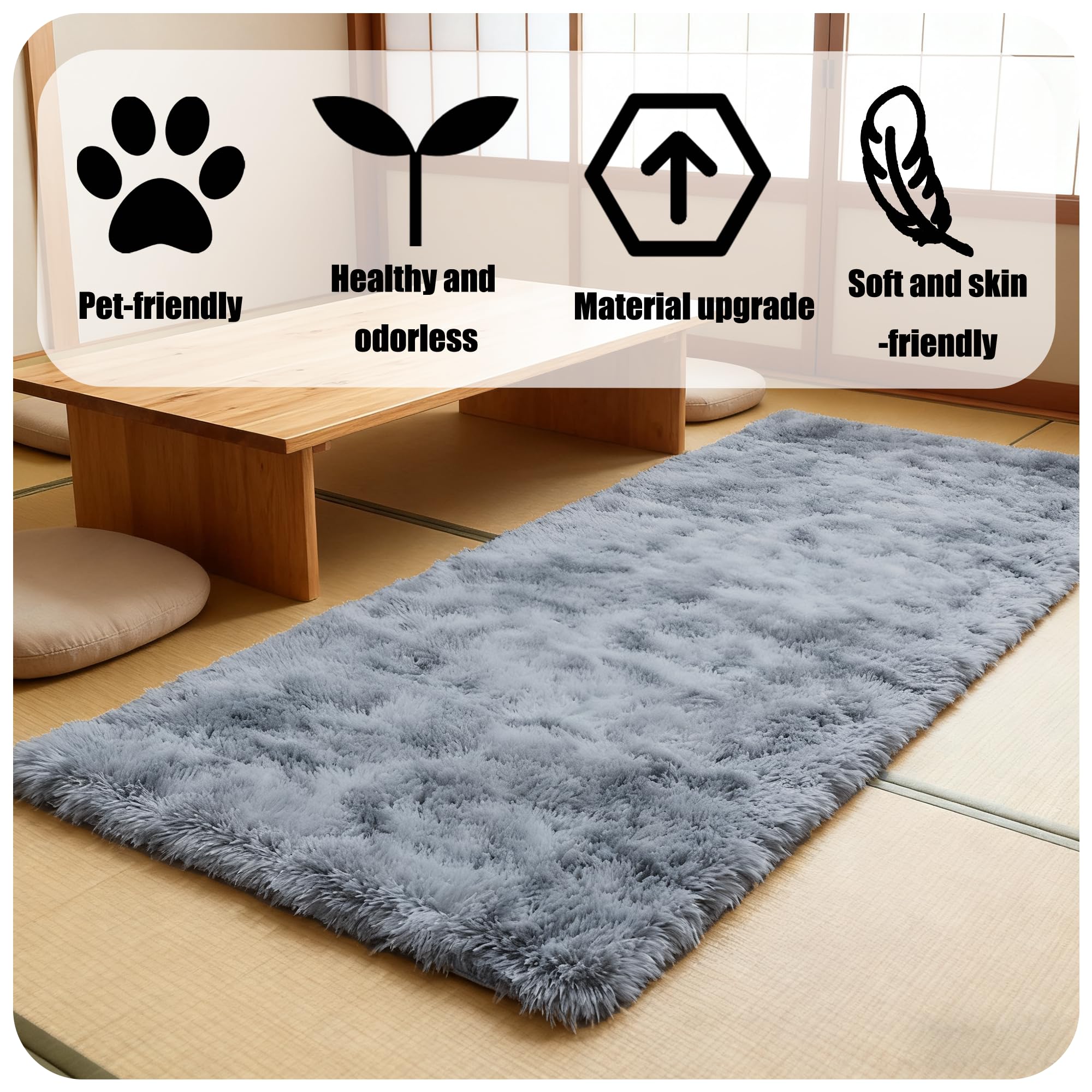 Imitación Mullida Alfombras 70 x 170 cm Tie Dye Alfombra Extra Grande Dormitorio Talla para Dormitorio Matrimonio Infantil Juvenil y Salón, Gris Claro