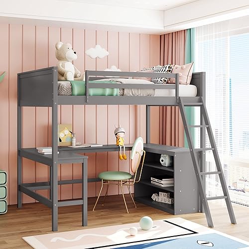 Miniatura 100 de Cama alta funcional tamaño individual con 2 cajones y 2 armarios, base de cama de madera maciza con barandilla de seguridad y escalera de