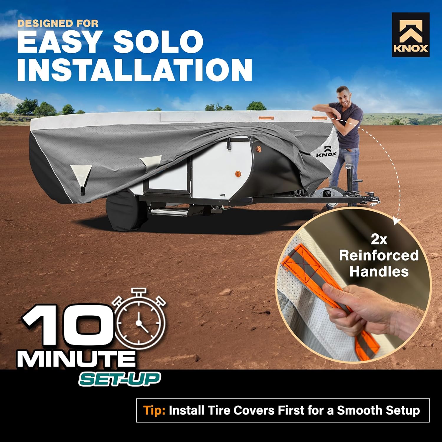3rd Gen Pop up Folding Camper Cover, Anti-Tear 7 Layer APEX Fabric, Fits Folding Campers and RVs, Pop-up Trailer Cover Comes with Tire Covers and User-Friendly Instructions - Size 18-20 ft