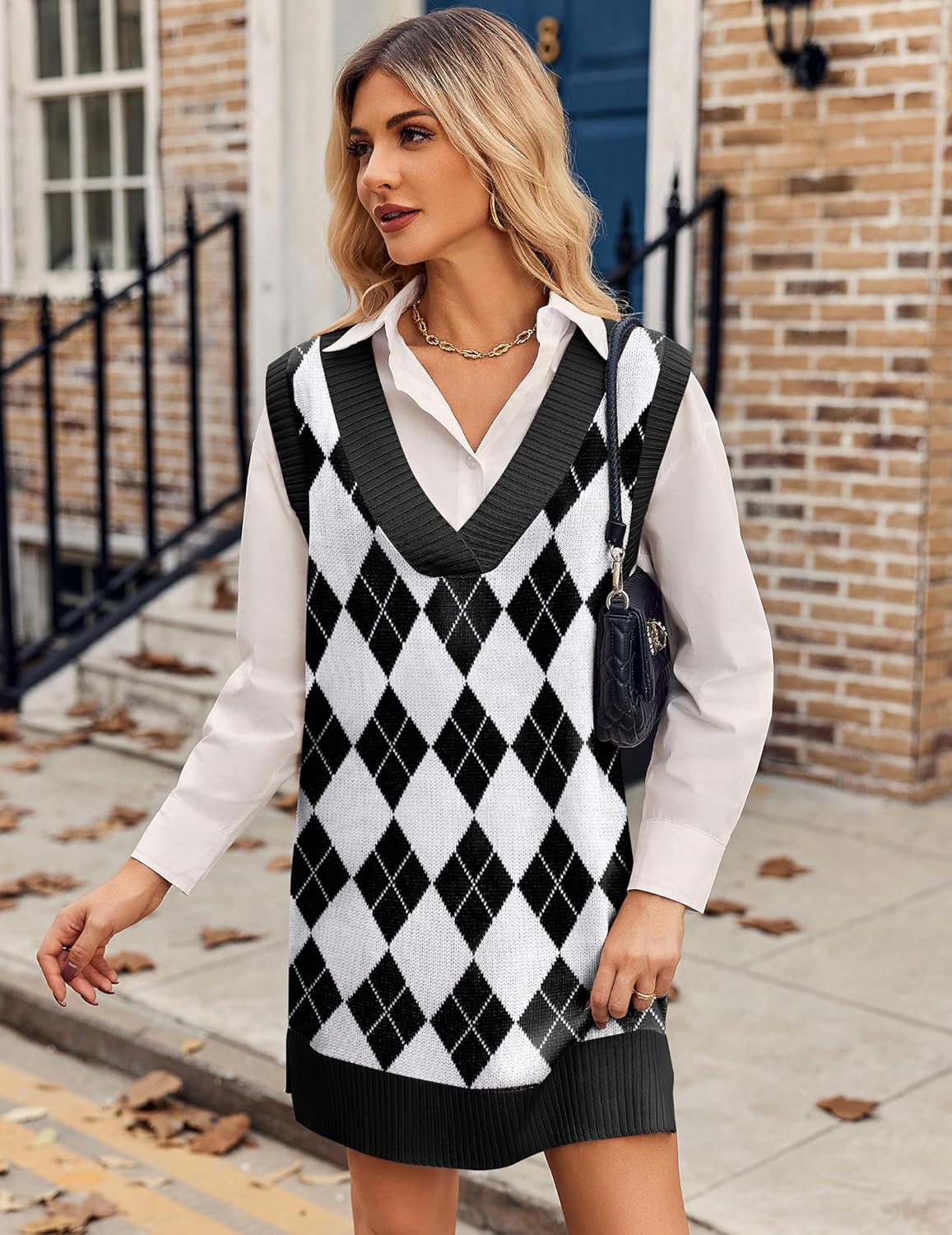 Zeagoo Womens Sweater Vest Winter Tank Sweater Dress V Neck Knitted Pullovers Sweaters Plaid M - Image 2