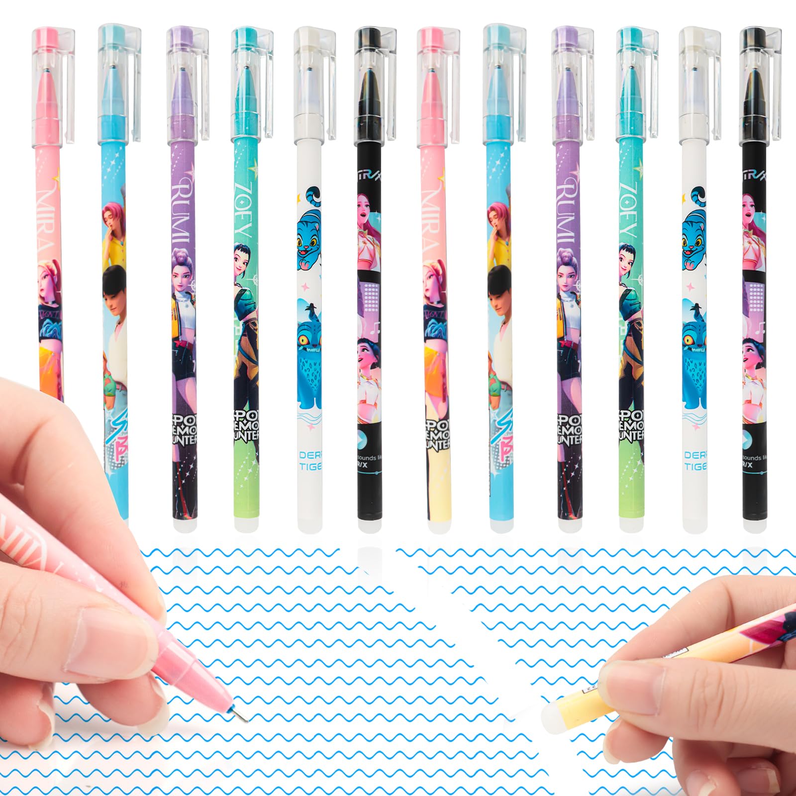 Kpop Stylos effaçables, stylos à bille rétractables Cartoon, 12 stylos à bille 0,5 mm pour enfants, set de papeterie Anime, pour les écoles, les bureaux, les récompenses, les cadeaux