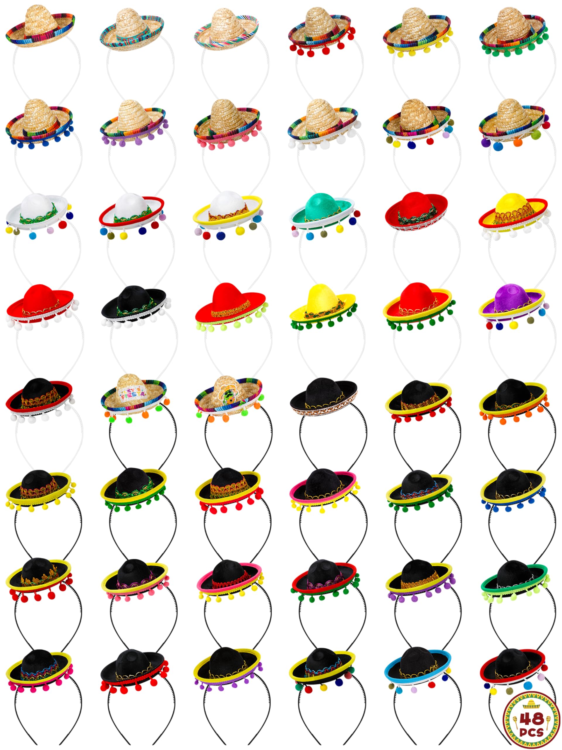 48 sombreros de fiesta de sombrero, 48 diseños de diademas de sombrero del Cinco de Mayo, mini sombrero de fiesta mexicano con diadema, diademas de fiesta, disfraz de fiesta para divertirse sombrero