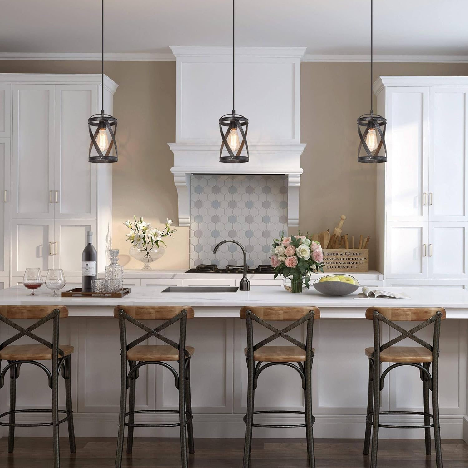 LOG BARN Farmhouse Cage Pendant Light Fixtures, Rustic Industrial Hanging Pendant Lighting with Brushed Finish for Kitchen Island, Foyer, Hallway, Bedroom and Entryway