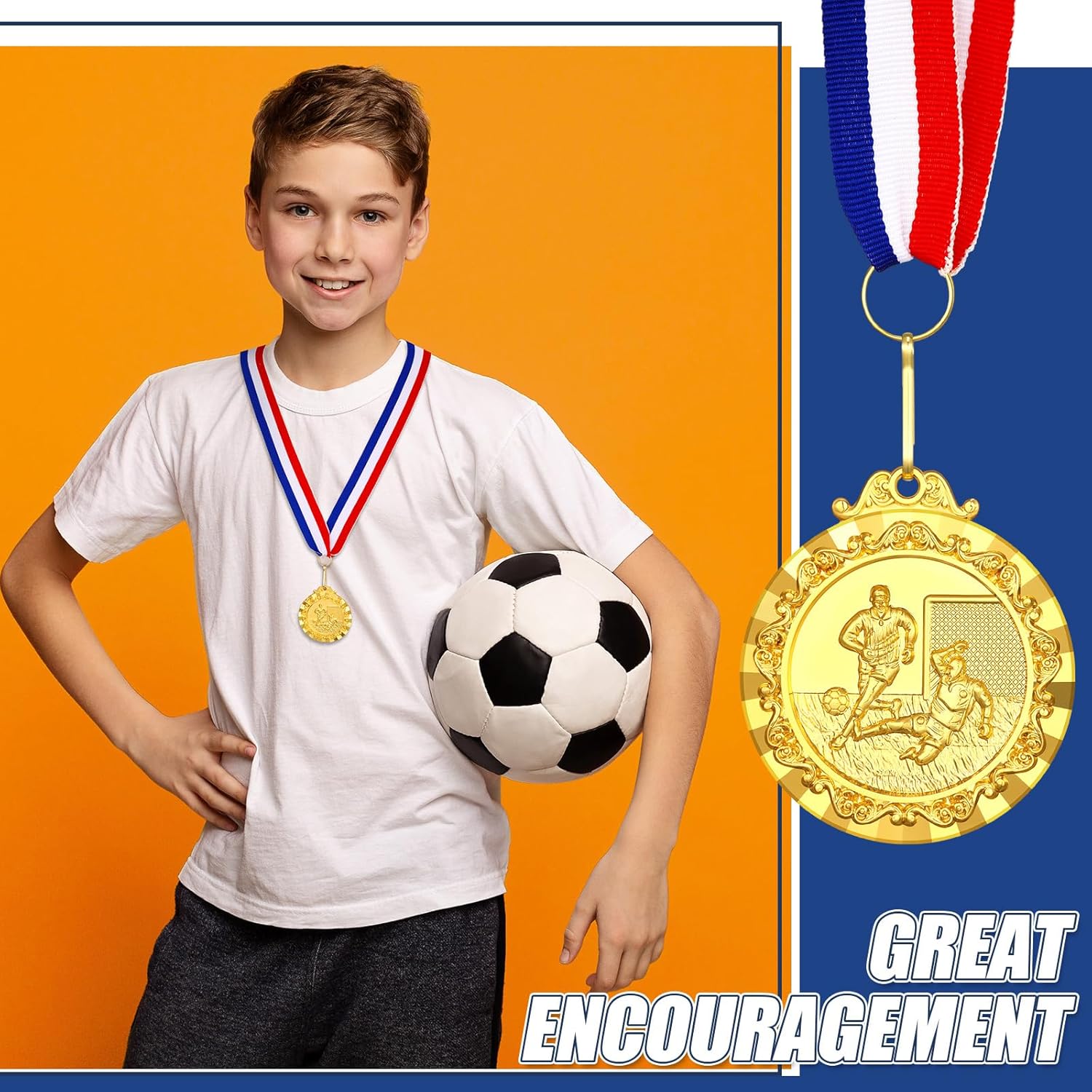Misdary 36 Pcs Soccer Award Medals for Kids 2'' Gold Soccer Awards Medals Trophy with Red White Blue Stripes Ribbon Team Participation Trophies for Kids Sports Competitions Celebration Party Favors