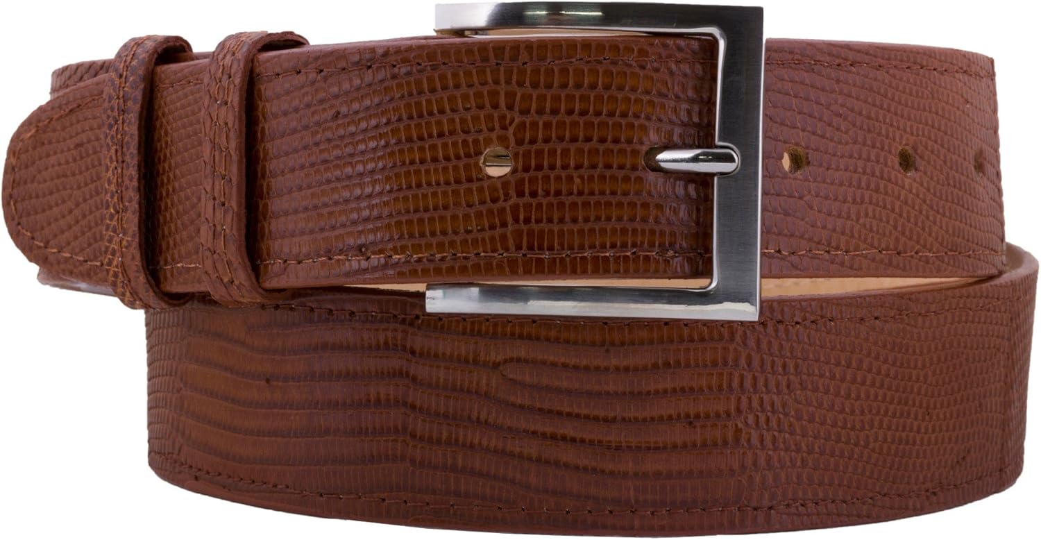 El Presidente Mens Cognac Western Cowboy Belt Real Teju Lizard Skin Silver Buckle