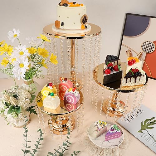 Miniatura 4 de Bokon 6 piezas de soporte redondo dorado para tartas de postres, soporte de metal para tartas, pedestal de mesa con colgante de cristal y cuentas de