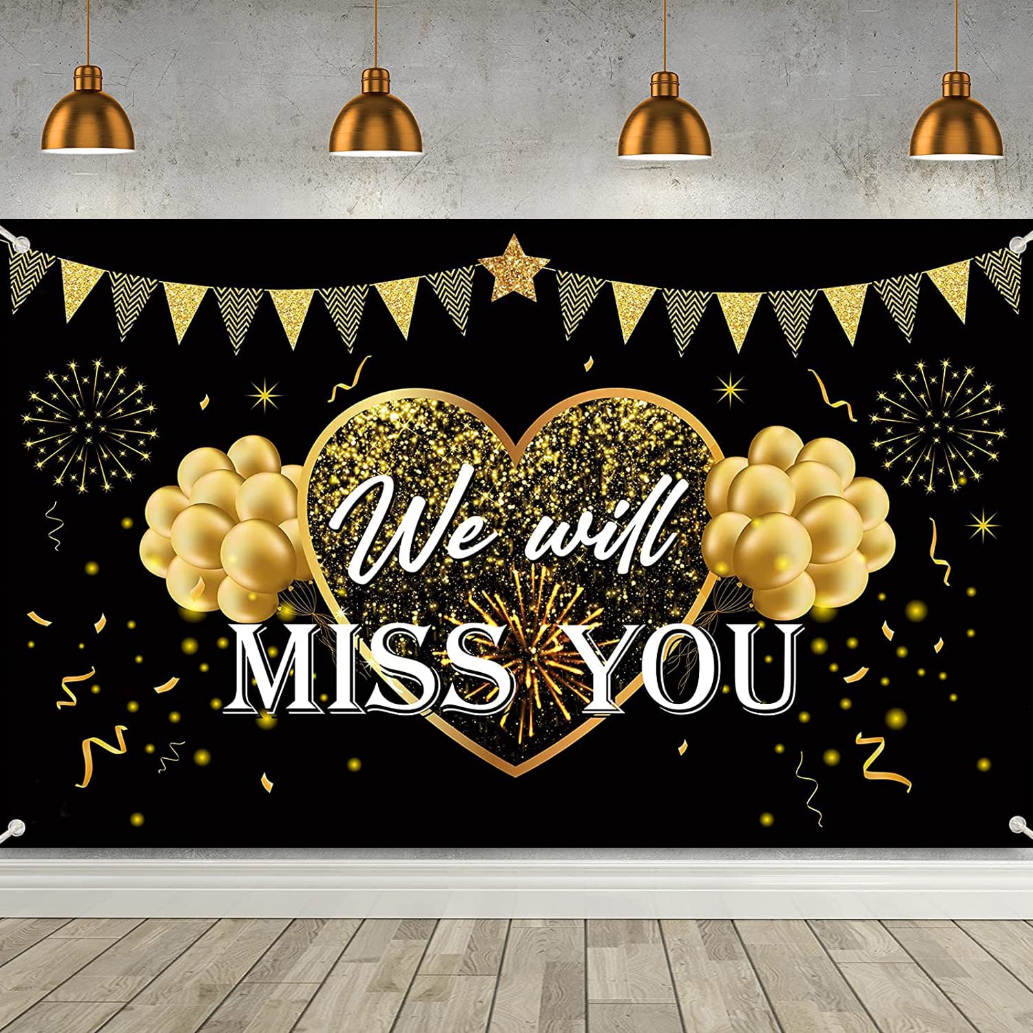 We Will Miss You Party Decorations Black Gold Going Away Party Banner Backdrop We Will Miss You Party Background for Grad Farewell Anniversary