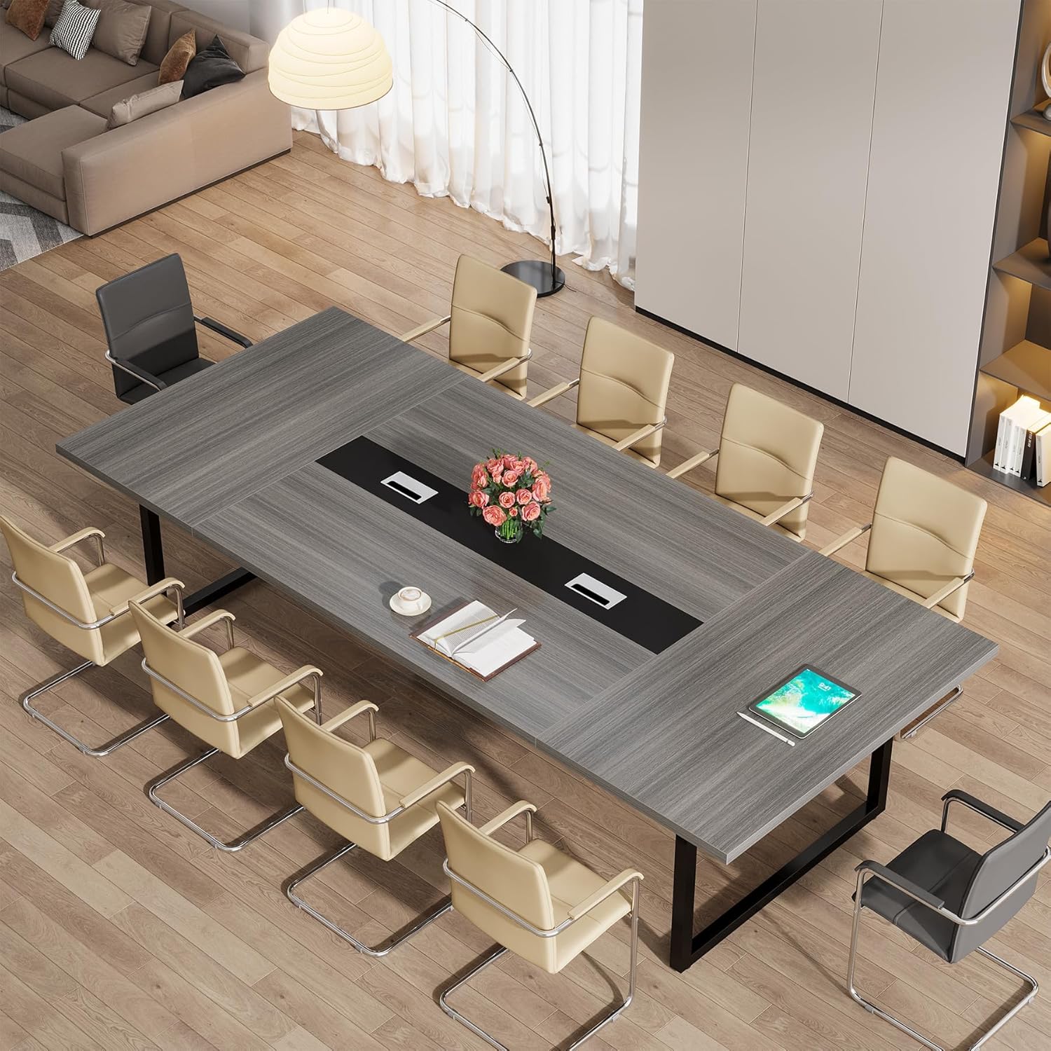 Per sobre view of the Tribesigns conference table in a meeting room setting with chairs and accessories.