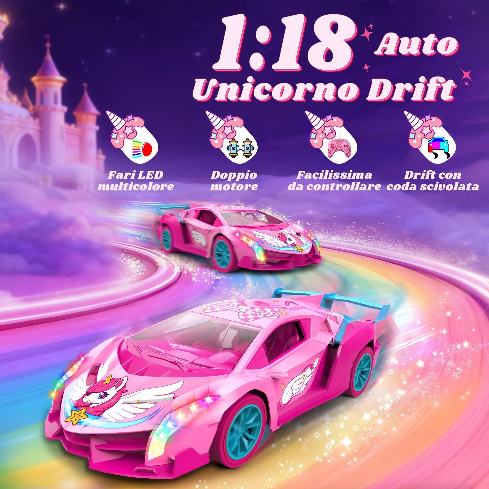 Unicorno Macchina Telecomandata Bambini con Luci Multicolore, Unicorno Regalo Giochi Bambina 3 4 5 6 7 8 9 Anni, 2,4GHz RC Drift Car Gioco Giocattoli Bimba 3-12 Anni Femmina Natale Compleanno Regali