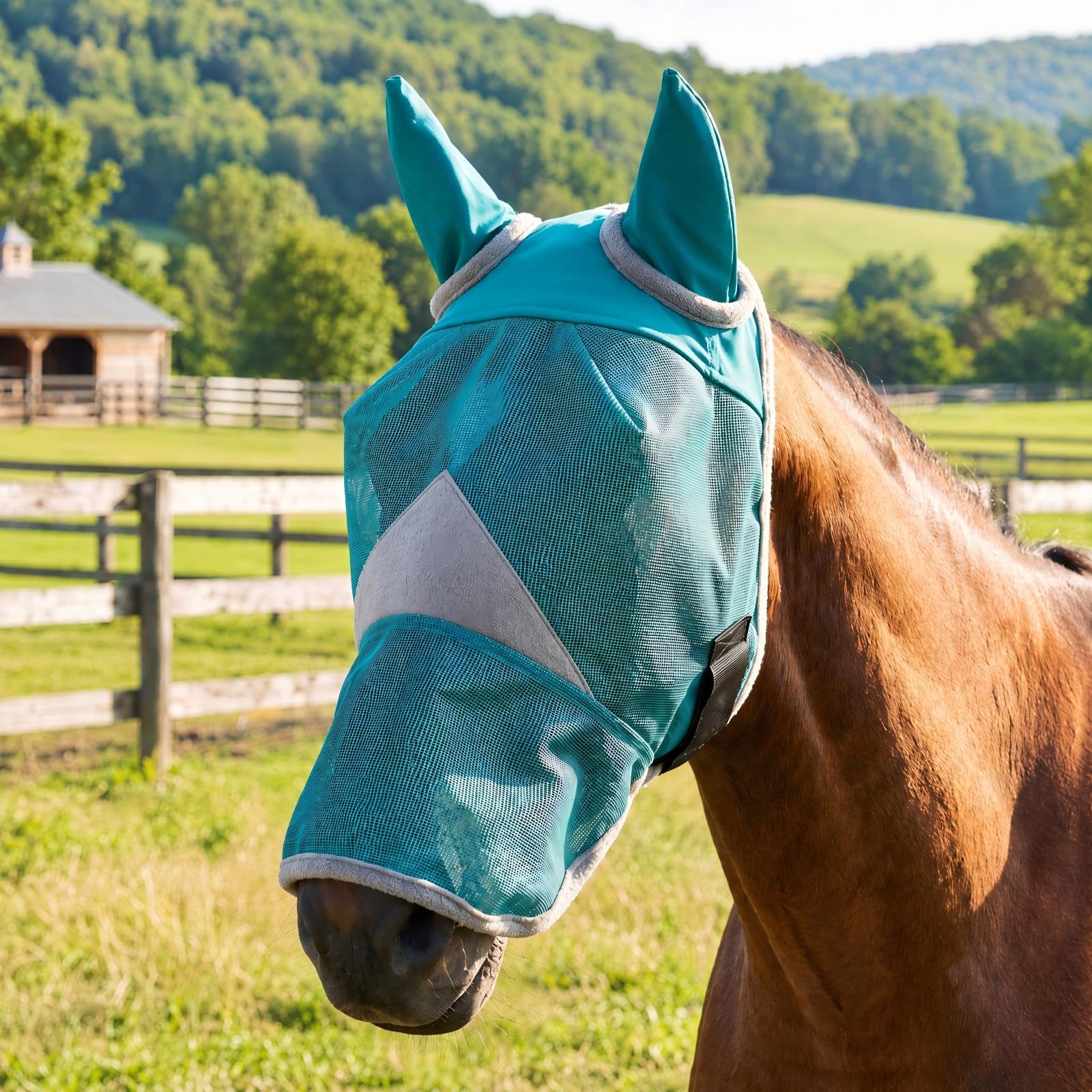 Máscara de mosca de caballo con orejas, protección UV, malla transpirable, bordes suaves para mayor comodidad, ajuste ajustable para caballos y ponis, detiene moscas, insectos y decoloración