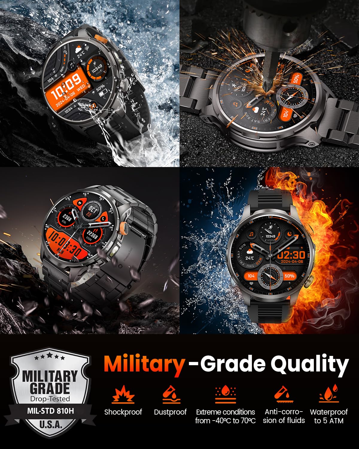 Montre Connectée Homme 1000mAh/5ATM Étanche/LED Lampe, 1.91" AMOLED Militaire Smartwatch Homme Appel Bluetooth, 113 Modes Sportifs, 24H Sommeil/Fréquence Cardiaque/Podomètre 2 Sangles Android iOS Noir