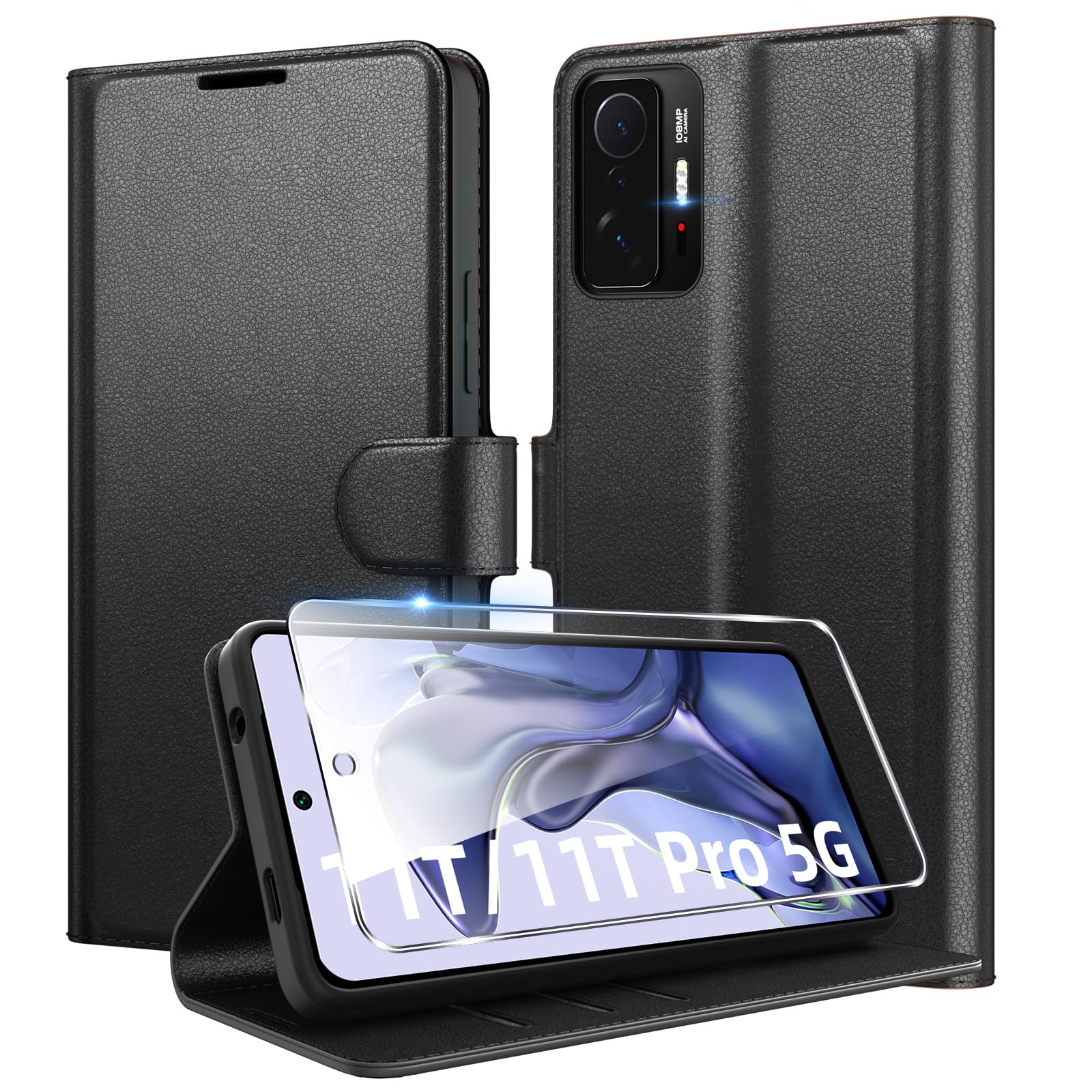 Eirltiy Cover per Xiaomi 11T/Xiaomi 11T Pro 5G Portafoglio Pelle PU Premium, Custodia Scomparti Carte Antiurto Protettiva Case con 1 Vetro Temperato, Nero