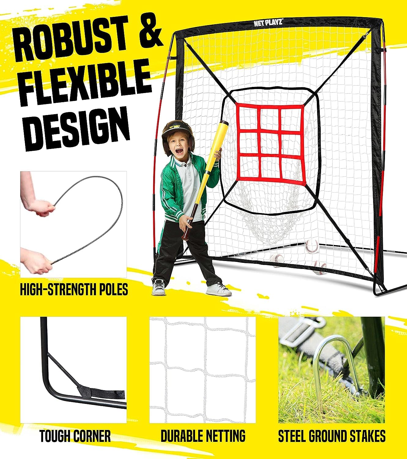 Baseball Net - Pitching Net Hitting Net Batting Practice Net (9 Strike Zone, Portable & Quick-Fold) Baseball Gifts for Kids Children & Teens | Training Aids Equipment 5'x5'