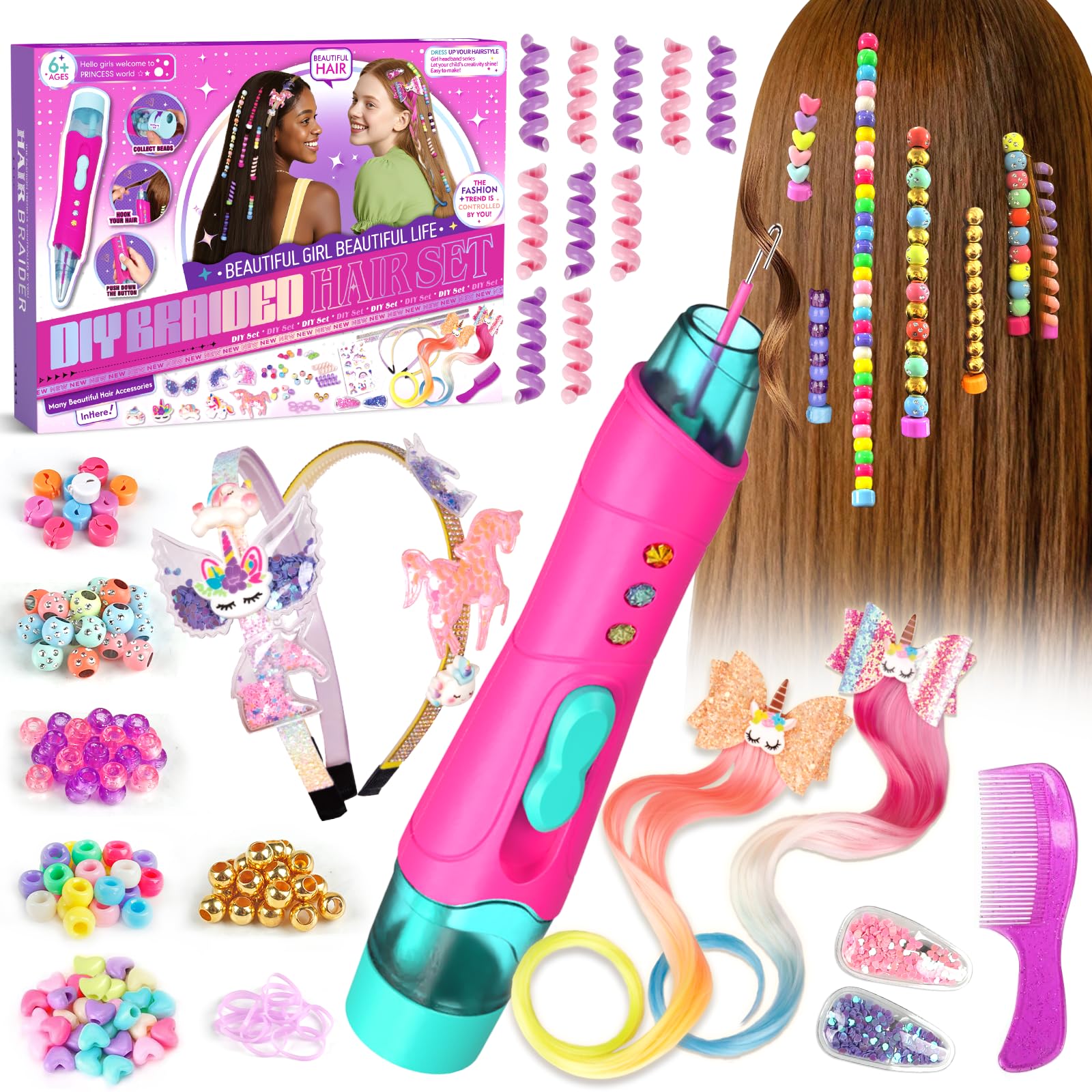 Fozcmisw Geschenk Mädchen 5 6 7 8 9 Jahre – Haarschmuck Mädchen Set mit Haarflechtmaschine, DIY Haarperlen & Flechthilfe, Einhorn Haarreif und Haarclips – Kinder Spielzeug ab 5-12 Jahre Geburtstag