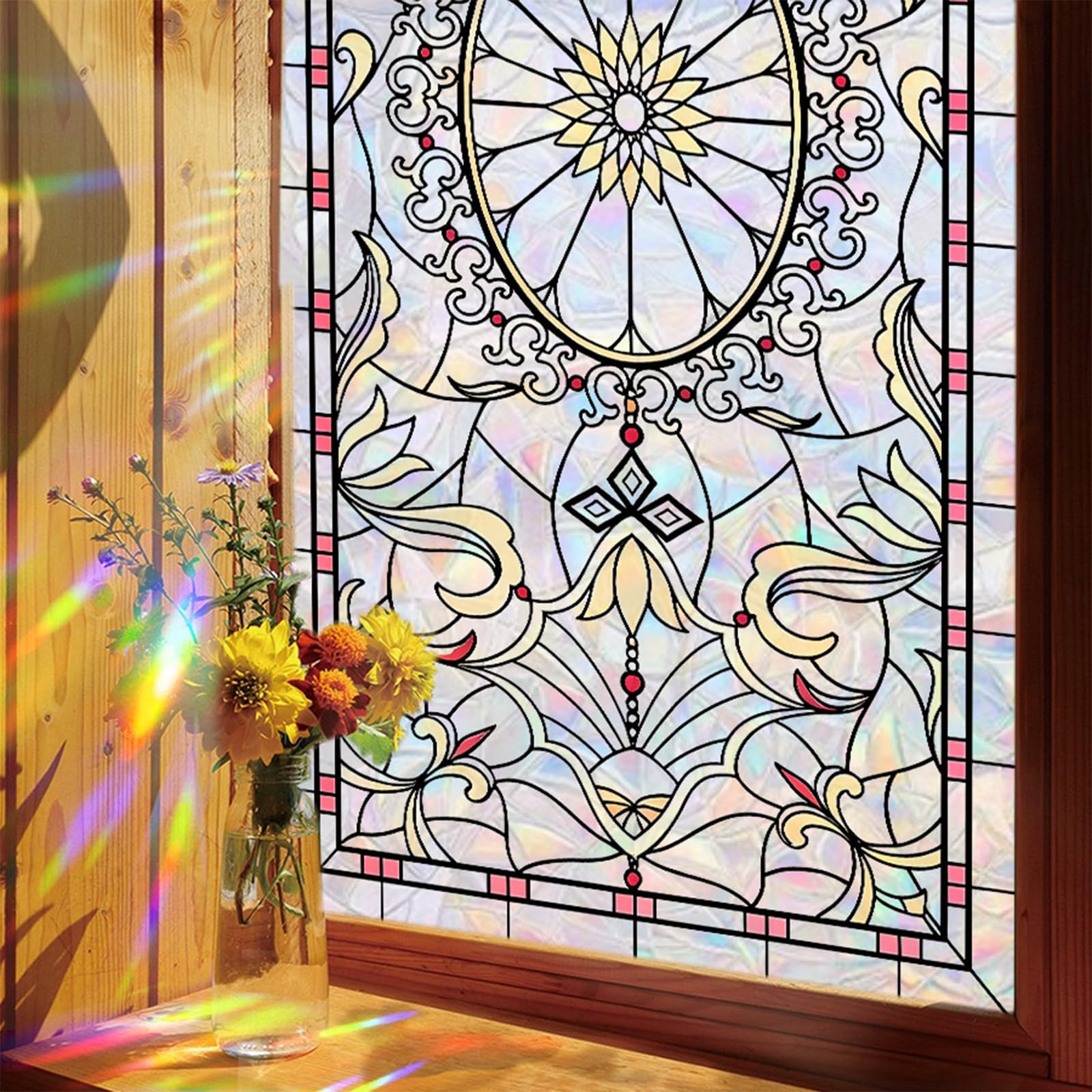 HFhyxin Window Privacy Film, Rainbow Stained Glass Film Decorative Window Clings, Static Cling Sun Blocking Stickers Decals Coverings Tint for Home Heat Control, Non-Adhesive 17.7