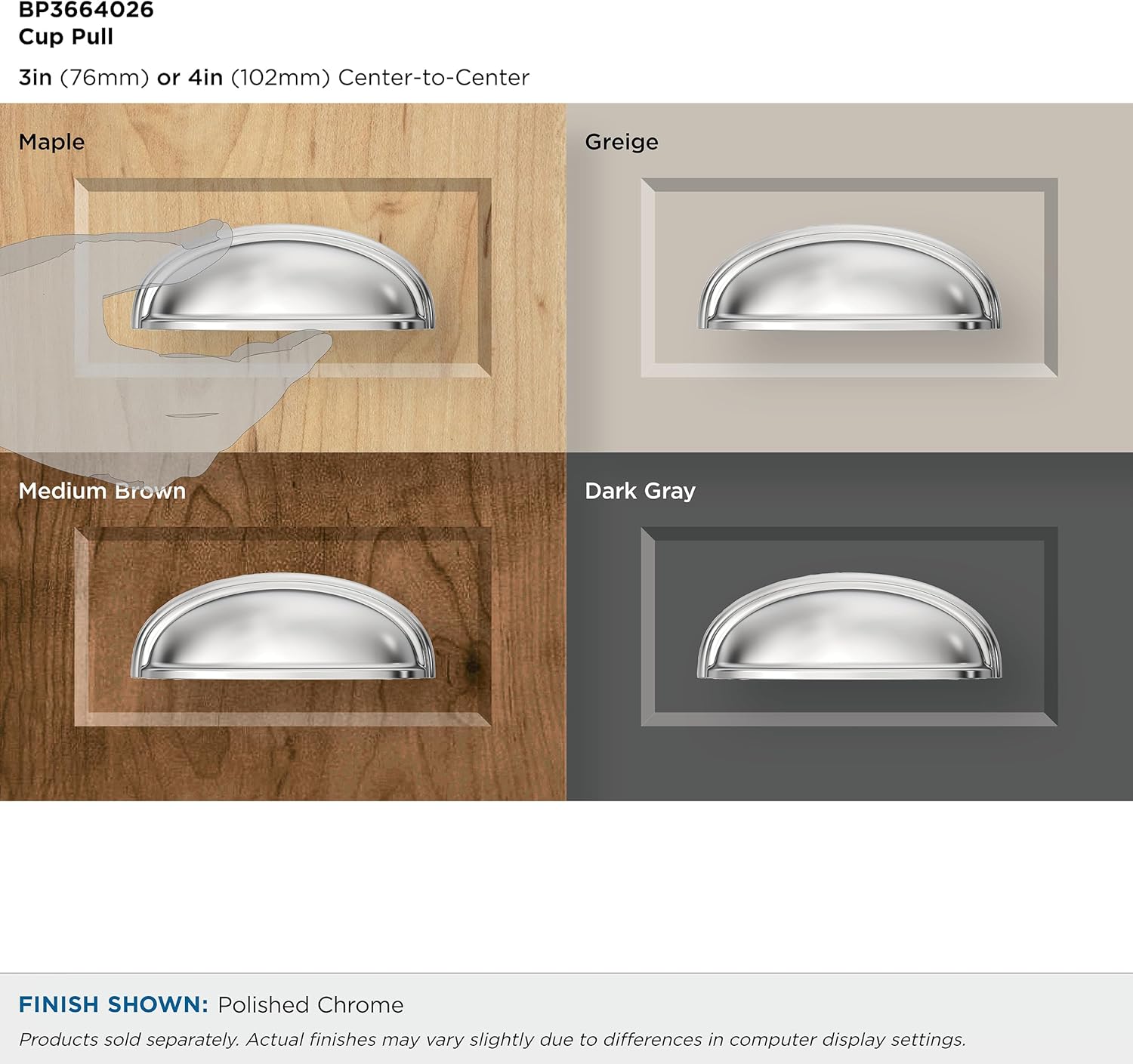 Amerock BP3664026 | Ashby 3 inch or 4 inch (76mm or 102mm) Center-to-Center Polished Chrome Cabinet Cup Pull | Kitchen Cabinet Hardware | Furniture Hardware | Drawer Handle