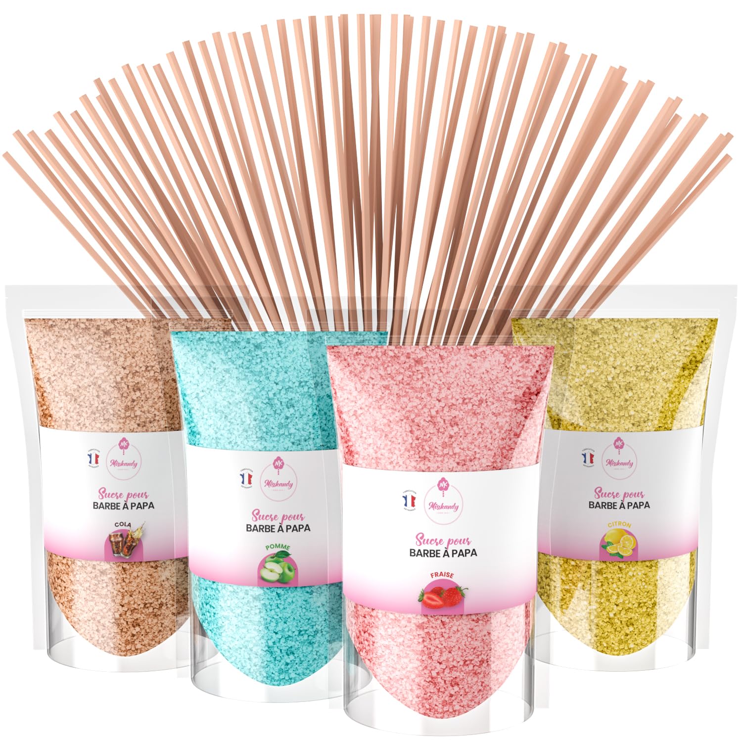 Misskandy® algodón de azúcar para máquina- Pack de 4 * 160Gr - (Sabores Naturales): Sabores: Fresa/Manzana/Cola/Limón + 50 palitos (gratis)