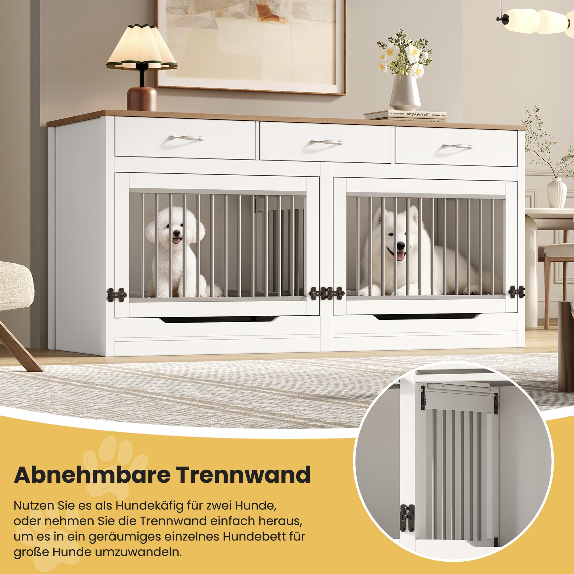 Mrwoo Hundebox Hundekäfig Möbel mit 3 Schubladen, Innen-Hundehütte mit Klappdeckel und Abnehmbare Trennwand Luxus Hundevilla, als Beistelltisch für Wohnzimmer, Holz & Metall, Natural+White, 164×60×81