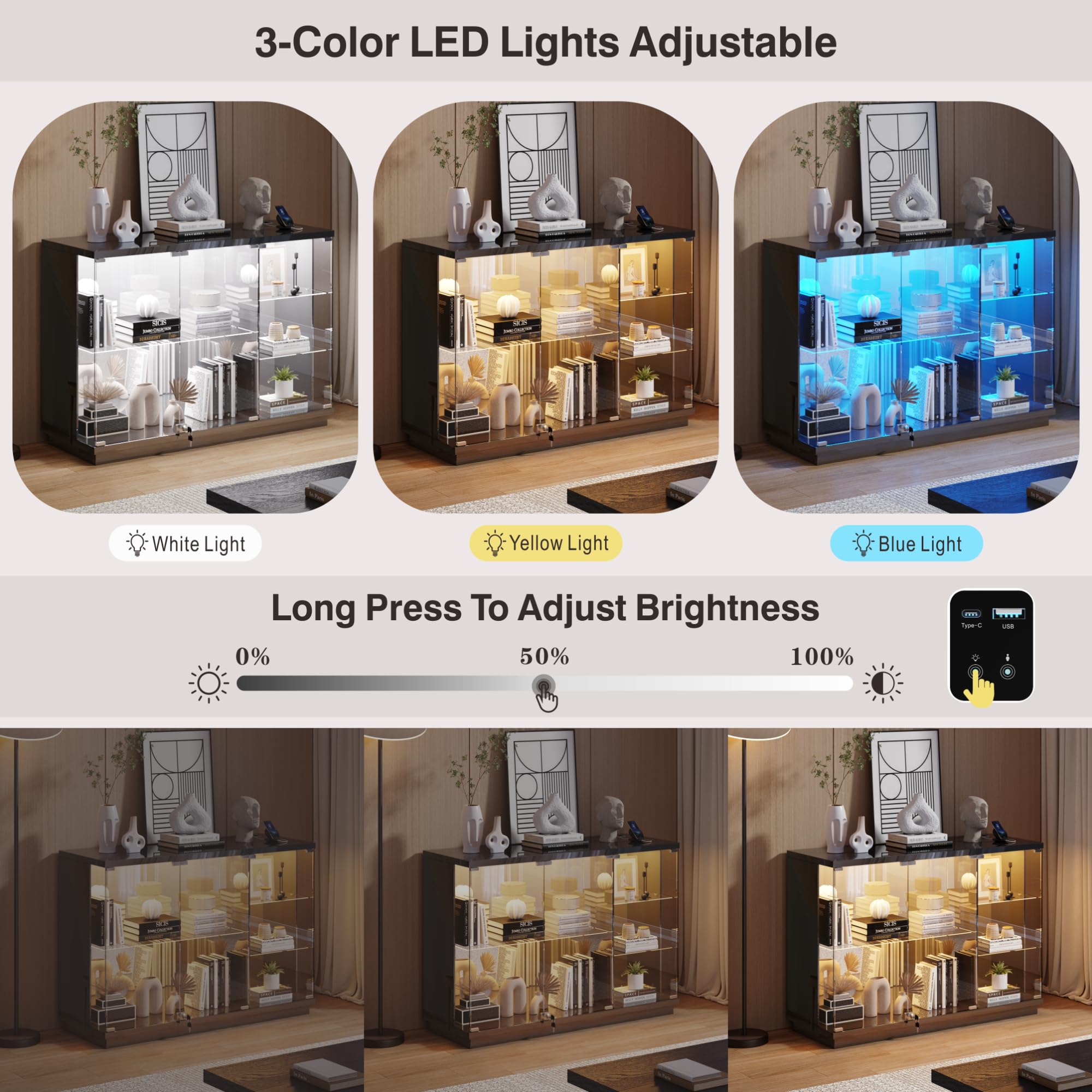 Lvifur Glasvitrine LED Beleuchtung und Glastüren,Glas Vitrinenschrank,Display Cabinet mit Intelligente Sensorik,3-Lagen Holz Vitrine Staubdicht für Wohnzimmer Schlafzimmer Büro,Schwarz