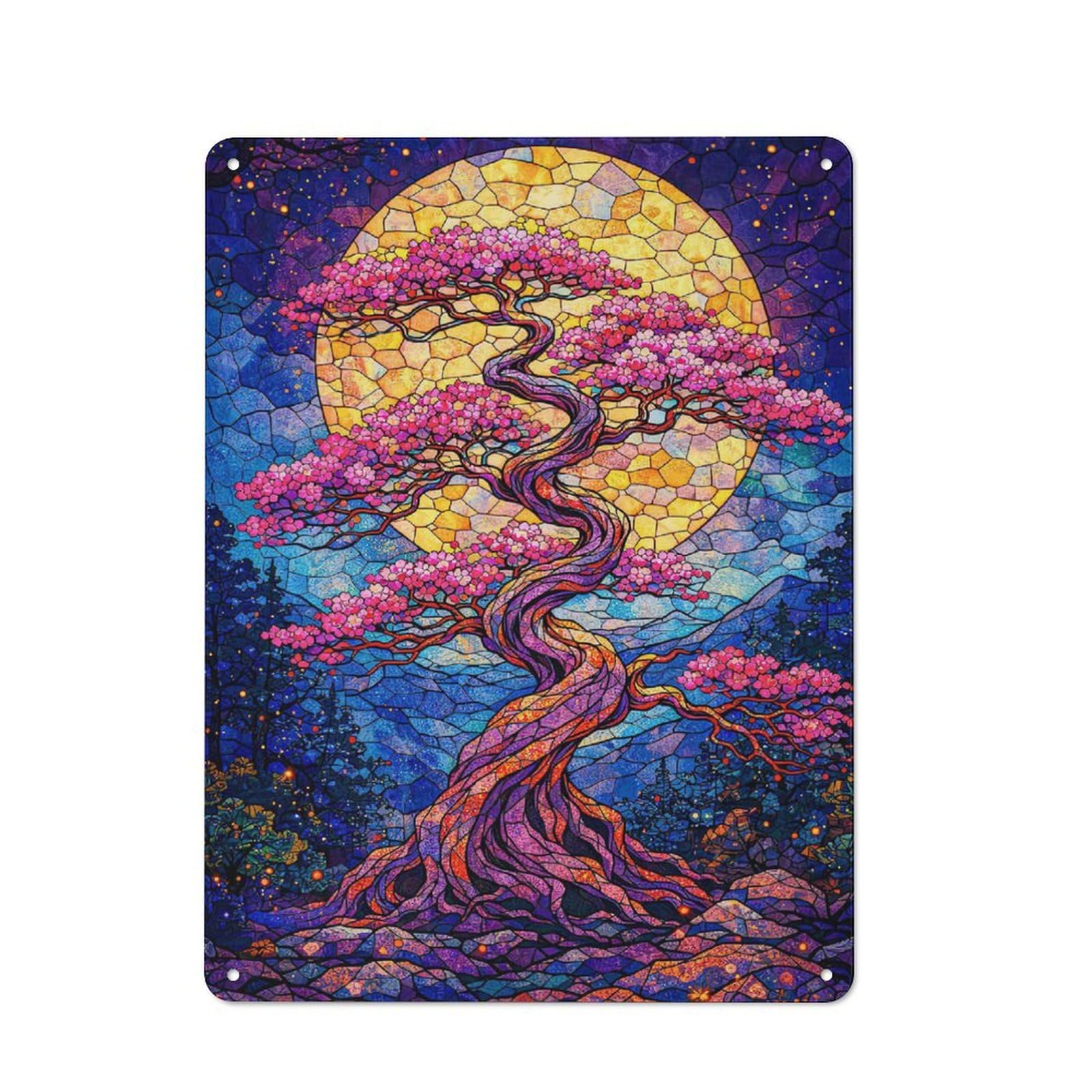 Junmoney Style-20 Metal Sign 40X30cm With Stained Glass Cherry Blossom Tree For Workshop Wall, Vintage Decor, For Vintage Wall Decor Fans, For Metal Sign Collectors