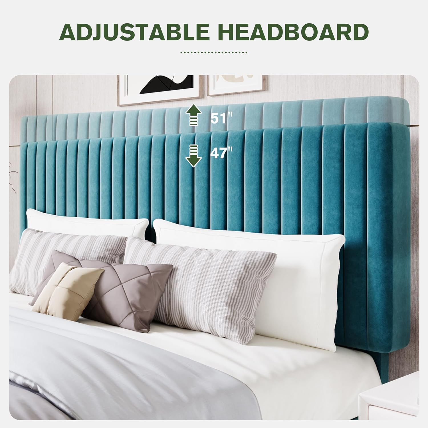 MUTICOR King Size Bed Frame, Velvet Upholstered Platform Bed with Vertical Channel Tufted Headboard, Modern Style, Strong Wooden Slats, Box Spring Optional, Easy Assembly,Teal