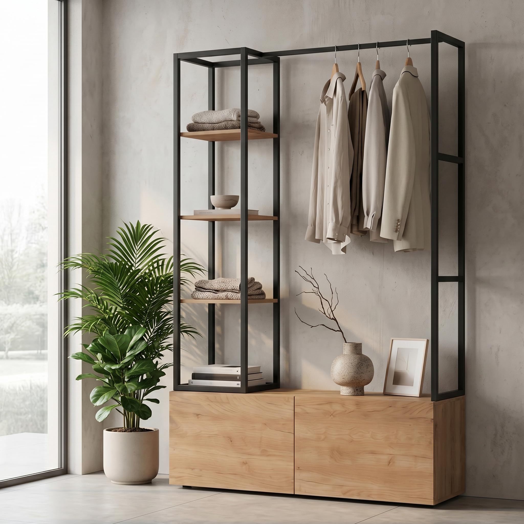 Offener Kleiderschrank System 120x180cm – Schmaler Kleiderständer 40cm Tiefe mit 2 großen Schubladen, Stabiler Garderobenständer Metall & MDF in Holz-Optik, Schwarz/Natur