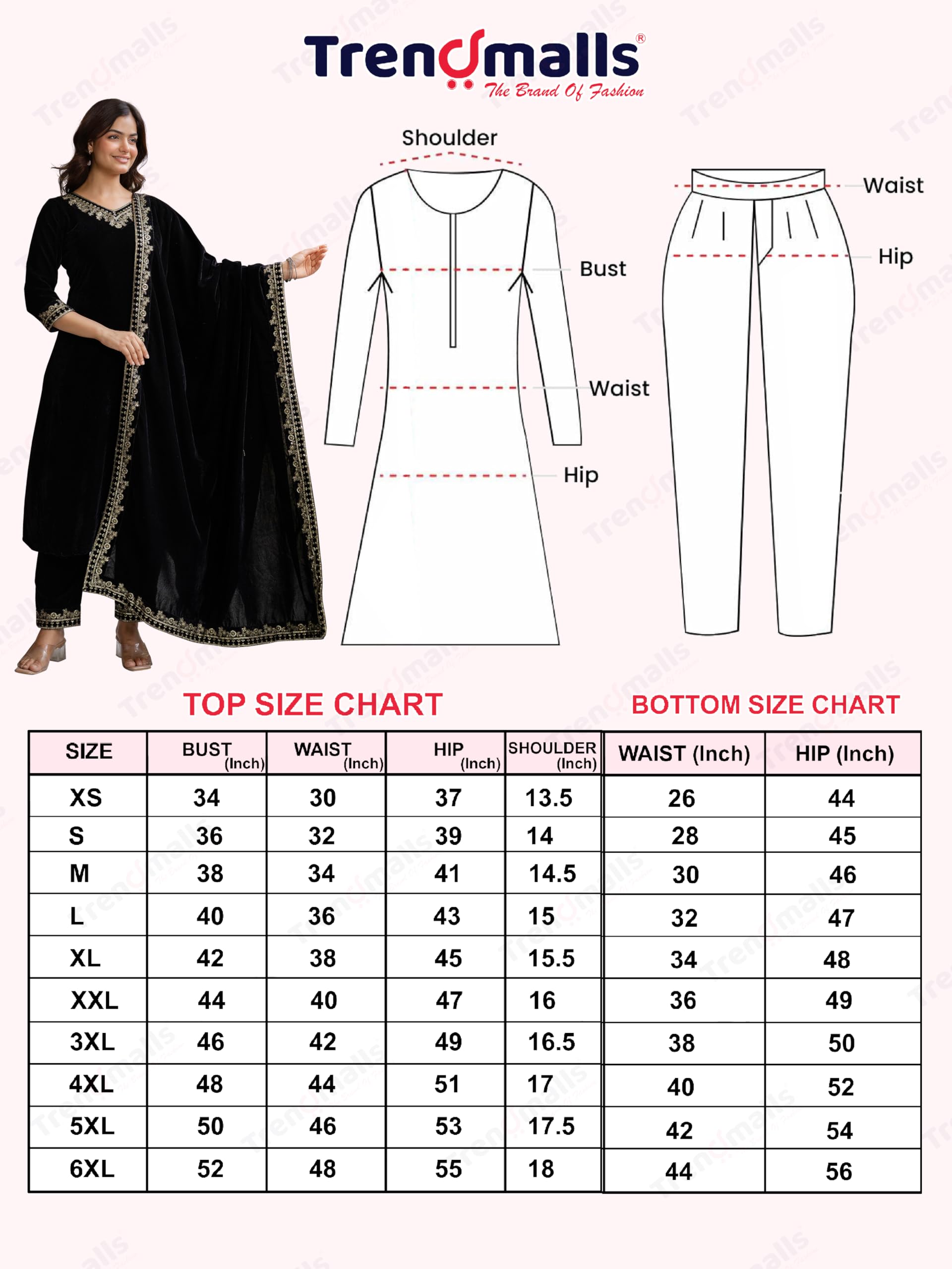 TRENDMALLS Damen Samt Stickerei Salwar Anzug Set A Linie Kurta Hose mit Dupatta Schwarz Kurta Set für Frauen