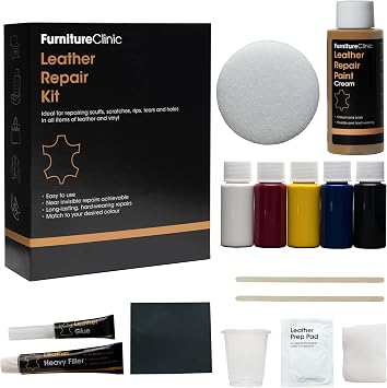 Furniture Clinic Complete Leather Repair Kit Cream | For Sofas, Car Seats, Furniture, Chairs of Leather - Patch, fill and touch up scratches, tears and other damaged areas